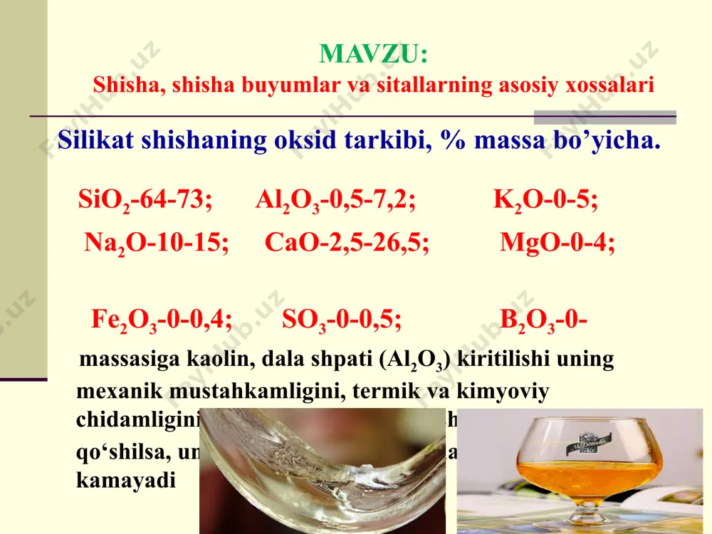 larning asosiy xossalari armaturalangan oynani kuydirilgan, xromlangan, nikellangan po‘lat to‘r bilan kuchaytirib tayyorlanadi. bu oyna silliq va to‘lqinsimon bo‘lib, oyna sindirilganda sochilib ketmasligini ta’minlaydi. uning o‘lchamlari: uzunligi 1200-2000 mm, eni 400-1500 mm. shisha buyumlar va konstrukstiyalar kovakli shisha bloklar payvandlangan ikki bo‘lakdan iborat bo‘lib, nurni taratuvchi, issiqlik va tovush izolyastiyalovchi xususiyatlarga egadir. shisha bloklar rangli va ko‘p bo‘lmali bo‘lishi mumkin. ular santexkabinalarda, maishiy xizmat, ovqatlanish muassalarida, zinapoya bo‘lmalarida ishlatilishi mumkin. mavzu: shisha, shisha buyumlar va sitallarning asosiy xossalari mavzu: shisha, shisha buyumlar va sitallarning asosiy xossalari energiya tejamkor shishapaket. sovuq kunlarda oddiy oyna qo’yilgan xonalarda 50% gacha issiqlik yo’qotilishi kuzatiladi hamda oynalarga yaqin joyda harorat ancha past bo’ladi. mutaxassislar bu holatni “sovuq devor faolligi” deb atashadi. k – shisha (qattiq qoplamali shisha) – float shisha ishlab chiqarish jarayonlarida issiq oynaga metallar oksidlari sepish usulida olinadi. qoplama qattiq va uzoq muddatga chidamli bo’ladi. u yorug’likni yuqori darajada o’tkazadi, qishda issiqlikni kam …