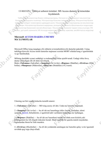 tibbiyot axborot tizimlari. ms access dasturiy ta’minotidan foydalanish — DOCX
