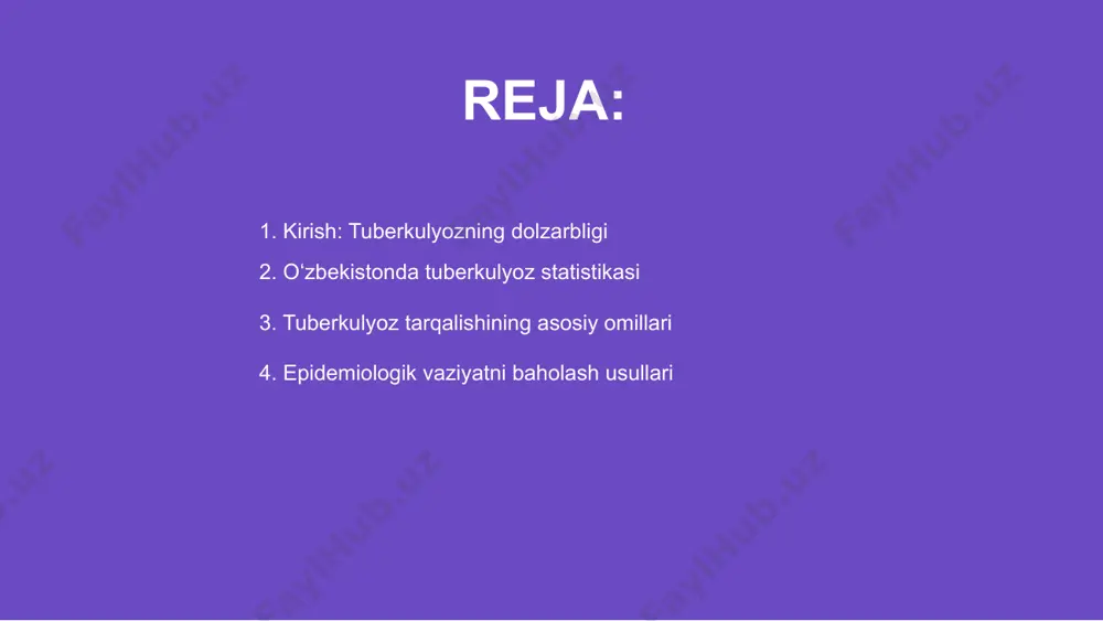 sh choralarini qo'llash katta ahamiyatga ega. tuberkulyoz tarqalishining asosiy omillari tuberkulyoz boʻyicha epidemiologik vaziyatni baholashda statistik ma’lumotlar tahlili muhim ahamiyatga ega. kasallanish darajasi va tarqalishini kuzatish holatni aniqlash imkonini beradi. turli holatlarni qayd etish uchun epidemiologik kuzatuv usullaridan foydalanish zarur. ushbu usullar bemorlarning diagnostikasi va davolash samarasini yaxshiroq baholash imkoniyati yaratadi. genetik va laboratoriya tadqiqotlari tufayli tuberkulyoz turlarini aniqlash osonlashgan. ushbu yondashuv yuqish xavfini kamaytirishda samarali choralarni ishlab chiqishni ta’minlaydi. epidemiologik vaziyatni baholash usullari 01 oʻzbekistonda tuberkulyoz boʻyicha epidemiologik vaziyat murakkab boʻlib, soʻnggi yillarda kasallikni nazorat qilishda muhim yutuqlar kuzatilgan. davlat profilaktika choralariga ko'proq e'tibor qaratmoqda. 02 sogʻliqni saqlash tizimi tuberkulyozni erta aniqlash va bemorlarni samarali davolash yoʻnalishlarida yetakchi rol oʻynamoqda. sifatli tibbiy xizmat koʻrsatish orqali kasallik tarqalishi kamaymoqda. 03 xalqaro va mahalliy hamkorlik dasturlari orqali diagnostika, davolash imkoniyatlarining kengayishi natijasida kasallikka qarshi kurashda barqaror natijalarga erishilmoqda. sogʻliqni saqlash tizimining hissa katta. sogʻliqni saqlash tizimining roli oʻzbekistonda tuberkulyoz boʻyicha epidemiologik …