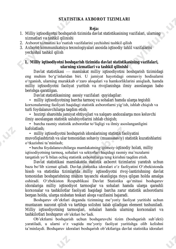 m l a r natijalarini oldindan bashoratlash mushkul bo‘lgan qisman strukturalashtirilgan masalalar uchun xizmat qiladilar. ular o‘zlarining bir necha modellari bilan keng analitik imkoniyatlarga egalar. axborotlarni boshqaruv va operatsion bo‘g‘in axborot tizimlaridan oladilar. bunday tizimlardan qaror qabul qilish masalalari bilan shu g‘ullanuvchi menejerlar, mutaxassislar, analitiklar va boshqalar foydalanadilar. masalan, texnik jihoz va uskunalarni sotib olgan ma’qulmi yoki ijaraga olgan ma’qulmi qabilidagi masalalar uchun qo‘l keladilar.qaror qabul qilishni qo‘llab- quvvatlovchi tizimlarning tavsiflari: -bashoratlash qiyin bo‘lgan muammolar yechimlarini olishni ta’minlaydilar; -modellashtirish va tahlil qilishning murakkab uskunaviy vositalari bilan qurollanganlar, masalaning qo‘yilishiga va berilgan ma’lumotlar parametrlariga o‘zgartirishlar kiritish asosida mos yechimlar olish imkoniyatini yaratib beradilar; -kun davomida turli xil sharoitlar bo‘yicha mos parametrlar asosida yechimlar olish va qulaylikka ega bo‘lishilari bilan farqlanadilar; -maksimal darajada foydalanuvchi ehtiyojlariga javob beruvchi texnologiyalga egadirlar. statistika axborot tizimlari reja: 1. milliy iqtisodiyotni boshqarish tizimida davlat statistikasining vazifalari, ularning xizmatlari va tashkil qilinishi 2. axborot xizmatini ko’rsatish vazifalarini yechishni …