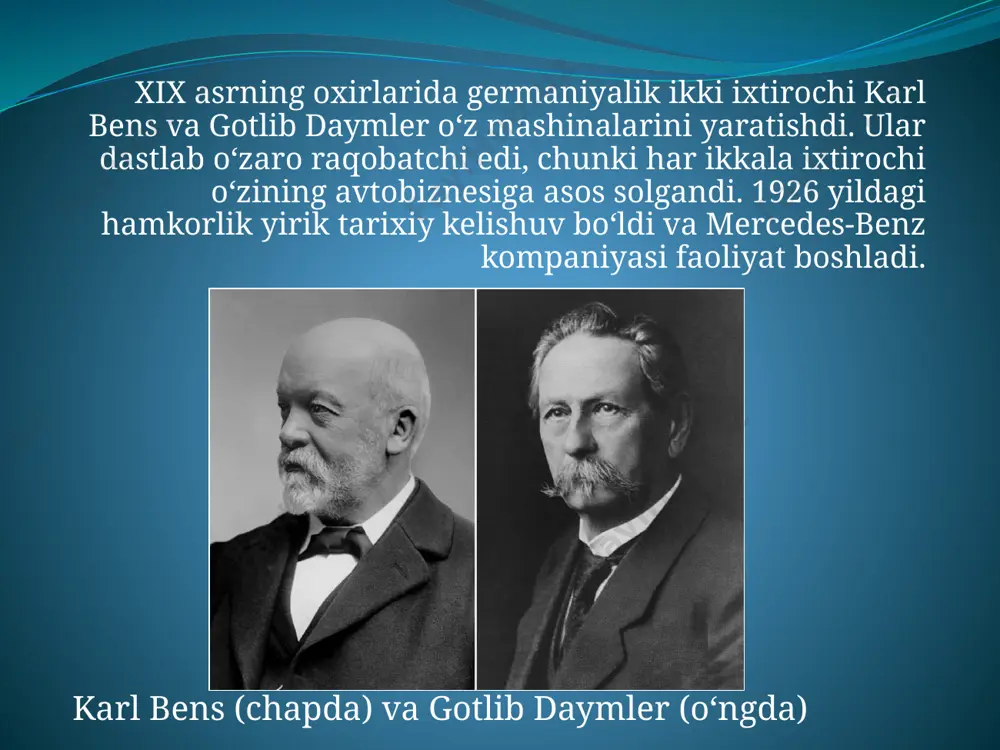 eng yaxshi sport avtomobili deb tan olingan. 2002 yilda kompaniya o‘zining xususiy jurnalini, 2007 yilda esa televideniyesini ishga tushirgan. mercedes tarixi yorqin voqealarga boy va butun dunyo avtomobilsozlik sanoatining favoriti bo‘lib qolaveradi. butun dunyo bu taniqli brend ostida faqat yuqori sifatli va elita transport mahsulotlari ishlab chiqarilishiga o‘rganib qolgan. e`tiboringiz uchun rahmat image2.jpeg image3.gif image4.jpeg image5.jpeg image6.jpeg image7.jpeg image8.jpeg image9.jpeg image10.jpeg image11.jpeg /docprops/thumbnail.jpeg