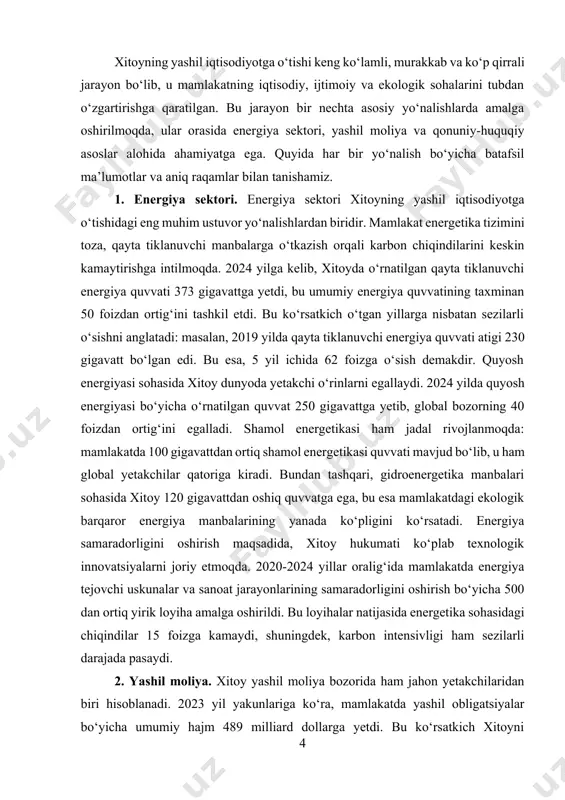 di. 2023 yil yakunlariga ko‘ra, mamlakatda yashil obligatsiyalar bo‘yicha umumiy hajm 489 milliard dollarga yetdi. bu ko‘rsatkich xitoyni dunyodagi eng yirik yashil obligatsiyalar bozoriga aylantirdi. solishtirish uchun, aqshda yashil obligatsiyalar bo‘yicha bozor hajmi 2023 yilda taxminan 330 milliard dollar atrofida bo‘ldi. yashil moliya sohasida xitoy hukumati turli mexanizmlarni ishlab chiqmoqda. jumladan, yashil kreditlar bo‘yicha banklar va moliyaviy institutlar tomonidan ajratilgan kreditlar 2023 yilda 2 trillion yuan (taxminan 300 milliard dollar) atrofida bo‘lib, bu oldingi yilga nisbatan 20 foizga o‘sdi. ushbu kreditlar asosan energiya samaradorligini oshirish, qayta tiklanuvchi energiya loyihalari, chiqindilarni kamaytirish va ekologik toza texnologiyalarni ishlab chiqish uchun yo‘naltirilgan. xitoyda yashil investitsiyalarni rag‘batlantirish uchun hukumat tomonidan soliq imtiyozlari va subsidiya tizimi yo‘lga qo‘yilgan. bu chora-tadbirlar kichik va o‘rta biznesni ham yashil texnologiyalarni joriy qilishga jalb qilishda muhim rol o‘ynaydi. 2022-2024 yillar davomida yashil investitsiyalar hajmi har yili o‘rtacha 15 foizga oshib bormoqda. xitoyning yashil moliya sohasidagi muvaffaqiyatlari xalqaro hamkorlikni ham …