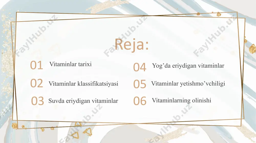 i н biotin seborriyaga qarshi n lipoil kilota lipotrop u metilmetionin sulfoniy xlorid yaralar omiliga qarshi р bioflavinoidlar tomirlar o’tkazuvchanligini oshiradi 03. suvda eriydigan vitaminlar suvda eriydigan vitaminlarga b guruh vitaminlar (b1, b2, b3, va h.k.), biotin, xolin, p, c vitamin va boshqalar kiradi. ularning tarkibi, tuzilishi va ta’sir etishi yog’da eriydigan vitaminlarnikiga nisbatan ancha yaxshi o’rganilgan. ular asosan kofermentlar sifatida metabolitik jarayonlarda ishtirok etadi. bular organizmda yetishmasa ikki komponentli fermentlar aktivligi tamoman susayib, ayrimlari mutlaqo sezilmasligi mumkin. shuning uchun ham bu vitaminlarga xos avitaminozlar moddalar almashinuvida chuqur o’zgarishlar keltirib chiqaradi. agar ular o’z vaqtida davolanmasa, yomon oqibatlarga olibkeladi. meva-sabzavotlar va boshqa o’simliklar vitaminlarning asosiy manbai hisoblanadi. b1 vitamini – tiamin (anevrin, aneyrin) oq kristall modda, kimyoviy tabiatiga ko’ra pirimidinning tiazolli hosilasidir b1 piruvatdekarboksilaza tarkibiga tiaminpirofosfat shaklida kiradi. b1 ning fosfat efiri maxsus oqsil bilan birikkan holda piruvatdekarboksilazani hosil qiladi, u esa pirouzum kislotani sirka aldegidi va karbonat angidridigacha parchalaydi. …