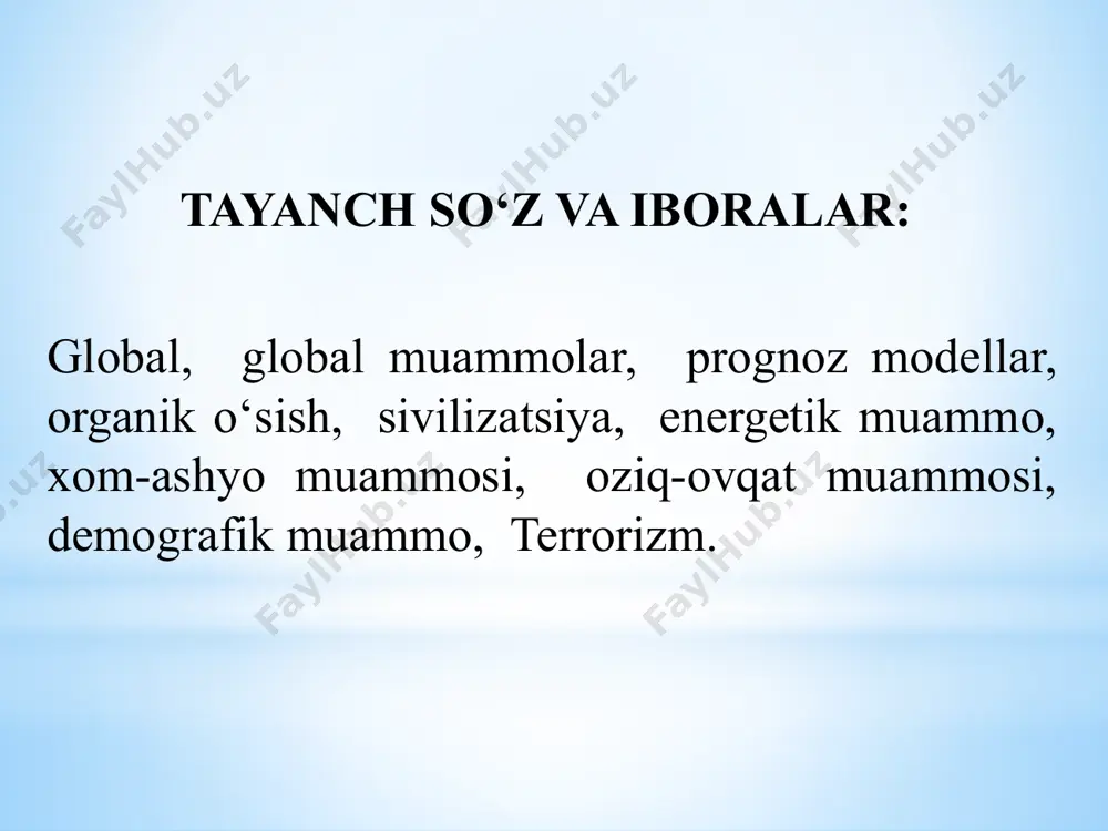 allashuv atamasiga quyidagicha tarif berish mumkin: globallashuv – jahon xo‘jaligi rivojlanishining obyektiv jarayoni bo‘lib, juda ko‘p ijobiy xususiyatlarga egadir: bular asosan turli mamlakatlar xo‘jaligining o‘zaro aloqasi, xorijiy sarmoyalarni jalb qilish, ilm – fan texnika texnologiya yutuqlari almashuvini tezlashishni hamda davlatlarni ilmiy texnikaviy taraqqiyotiga ko‘maklashuv bilan tasdiqlanadi. globallashuv — butunjahon iqtisodiy siyosiy, madaniy integratsiya va unifikatsiya (bir birga yaqinlashuv) jarayonidir. asosiy xususiyatlari xalqaro mehnat taqsimoti, kapital, ishchi kuchi va ishlab chiqarish resurlarining erkin harakati, qonunchilik, iqtisodiy va texnologik jarayonlarni standartlashtirish, shuningdek, turli mamlakatlarning madaniyatining qo‘shilish va yaqinlashuvidir. bu obyektiv jarayon bo‘lib jamiyatning barcha sohalarini qamrab oluvchi tizimli xususiyatga ega. antiglobilistlar globallashuvga qarshi harakatlar ham mavjud bo‘lib, ular globallashuv natijasida yuzaga keladigan va kelayotgan muammolarni oqibati salbiy deb e’tirof etishadi. bunday tashkilot, uyushma, harakatlarga green, anti-daos kabi bir necha antiglobilistlarni kiritish mumkin. globallashuv bosqichiga mintaqalashuv bosqichini bosib o‘tish lozim. globallashuvning salbiy oqibatlari: asosan, quyidagi sohalarda namoyon bo`lmoqda: ekologiya, sog`liqni saqlash, demografik resurslar, …