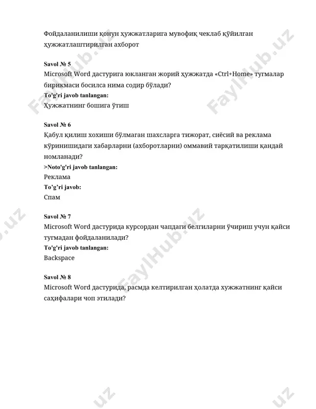 ga ega bo'lgan, ammo dasturlarni o'rnatish va operatsion tizim funktsiyalarini sozlash bo'yicha cheklovlari mavjud bo'lgan foydalanuvchi turini ko'rsating >noto'g'ri javob tanlangan: gost(mexmon) to’g’ri javob: foydalanuvchi savol № 10 rasmda tasvirlangan belgilangan yacheykalar nima deb ataladi? >noto'g'ri javob tanlangan: belgilangan jadval to’g’ri javob: yacheykalar diapazoni savol № 11 klaviaturaning qaysi tugmasi yordamida ob'ektlarni o'chirish mumkin? to'g'ri javob tanlangan: delete savol № 12 internet tarmog'iga ajratilgan liniya orqali ulanish usulini ko'rsating: to'g'ri javob tanlangan: adsl savol № 13 internet tarmog'ida real vaqtda axborotlar (xabarlar) almashish xizmati qanday ataladi? to'g'ri javob tanlangan: chat savol № 14 access ma'lumotlar bazasida qaysi ob'ektlar ma'lumotlari asosida otchet yaratiladi? >noto'g'ri javob tanlangan: jadval to’g’ri javob: · jadval · zapros savol № 15 slaydga «zagolovok i ob'ekt» maketini qo'llash unga turli ma'lumotlarni qo'shish imkonini beradi. rasmdagi qaysi belgi yordamida slaydga rasm joylashtirish mumkin (dastur kutubxonasi kollektsiyasidan emas)? >noto'g'ri javob tanlangan: 5 to’g’ri javob: 4 savol № 16 rasmda …