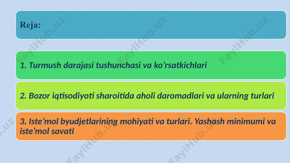 var aylanishi hajmi aholi jon boshiga to’g’ri keladigan tovar aylanishi bajarilgan xizmatlar hajmi aholi jon boshiga to’g’ri keladigan xizmatlar salmog’i uy–joy fondining hajmi bir kishiga to’g’ri keladigan uy–joy hajmi (kv.m., xona) iqtisodiyot tarmoqlarida ish bilan band aholining soni iqtisodiy faol aholi tarkibida bandlar va ishsizlar salmog’i aholining jamg’armalari jamg’armaning o’rtacha miqdori aholining tabiiy ko’payishi yashash davri turmush darajasi ko’rsatkichlari umumiy va xususiy turlarga ajratiladi umumiy ko’rsatkichlarga 1)milliy daromad; 2)iste’mol fondi (iqtisodiyot tarmoqlarining bevosita iste’molga yo’naltirilgan mahsulotlari); 3)milliy boyliklar iste’mol fondi (to’plangan iste’mol mulklari – turar joylar, madaniy-maishiy binolar, buyumlar) kabilarning aholi jon boshiga to’g’ri keladigan ulushi kiritiladi. bu ko’rsatkichlar jamiyat ijtimoiy-iqtisodiy taraqqiyotining umumiy darajasini ifodalaydi. xususiy ko’rsatkichlardan iste’mol darajasi va usullari; mehnat sharoitlari; turar joy ta’minoti va maishiy qulayliklar; ijtimoiy-madaniy xizmat ko’rsatish darajasi; bolalarni tarbiyalash sharoitlari; ijtimoiy ta’minot va boshqalarni keltirib o’tish mumkin. mazkur ko’rsatkichlar ijtimoiy taraqqiyot bilan bog’liq, ammo aholi (mehnatkashlar)ning ma’lum guruhlari, hudud va boshqalar bo’yicha aniqlashtirilgan. iqtisodiy …