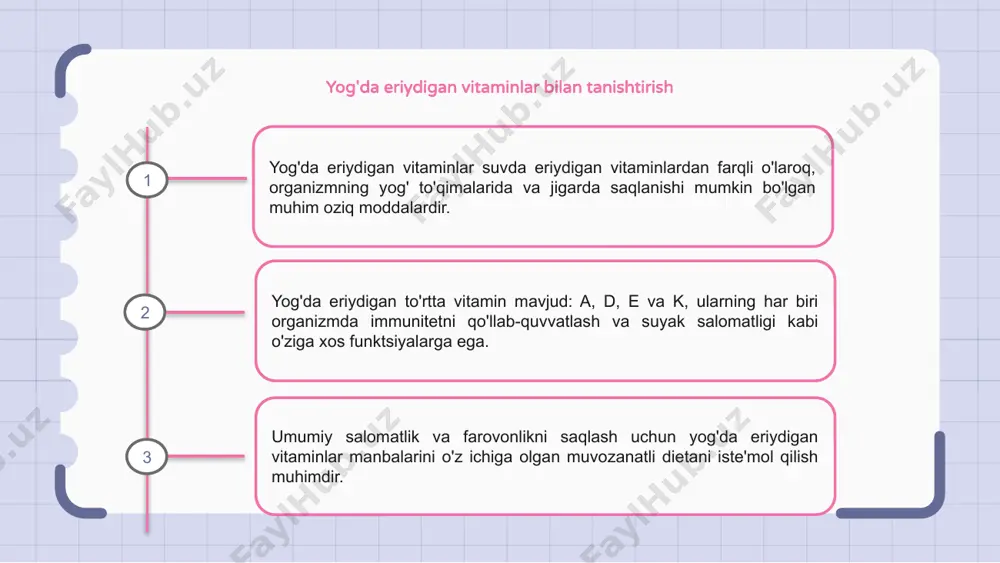 liq uchun xavflari yog'da eriydigan vitaminlar umumiy salomatlikni saqlashda hal qiluvchi rol o'ynaydi. ushbu vitaminlarning etishmasligi ko'rish, zaif immunitet va suyak sog'lig'i kabi jiddiy sog'liq uchun xavf tug'dirishi mumkin. masalan, a vitamini etishmovchiligi tungi ko'rlikka va hatto og'ir holatlarda to'liq ko'rlikka olib kelishi mumkin. d vitamini etishmovchiligi osteoporoz xavfining oshishi va immunitetning zaiflashishi bilan bog'liq. tanqislik bilan bog'liq sog'liq muammolarini oldini olish va optimal salomatlikni saqlash uchun turli xil parhez yoki qo'shimchalar orqali yog'da eriydigan vitaminlarni muvozanatli iste'mol qilishni ta'minlash muhimdir. yog'da eriydigan vitaminlarni kunlik iste'mol qilish tavsiya etiladi yog'da eriydigan vitaminlar, shu jumladan a, d, e va k vitaminlari turli tana funktsiyalarida hal qiluvchi rol o'ynaydi va tavsiya etilgan kundalik miqdorda iste'mol qilinishi kerak. yog'da eriydigan vitaminlarning tavsiya etilgan kunlik iste'moli yoshga, jinsga va boshqa omillarga qarab o'zgaradi, ularning darajasi odatda xalqaro birliklar (iu) yoki mikrogramlarda o'lchanadi. umumiy salomatlik va farovonlikni qo'llab-quvvatlash uchun etarli miqdorda yog'da eriydigan vitaminlarni o'z …