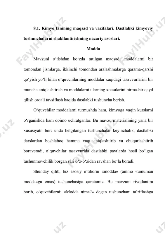 b oling. bu vazifa «kimyoviy diktant» shaklida yoki darslik bo‘yicha qilinadigan, mashq tarzida berilishi mumkin yoki o‘qituvchi bilan o‘quvchilar o‘rtasidagi dialogni bir qismi bir xil va qolgan qismi o‘quvchilar biladigan har xil materiallardan tayyorlangan buyumlar qolgan ma’ruzalarini namoyish qilish bilan boshlanishi ham mumkin. biz bularni turlicha guruhlarga ajratish bilan o‘quvchilar e’tiborini ularning nimaga ishlatilishi, shakli, katta-kichikligi va fizik jism sifatidagi boshqa belgilaridan uzoqlashtirib, asosan, diqqatni shu buyumlar qanday materiallardan tayyorlanganligiga jalb qilgan bo‘lamiz va ularning nomini: temir, mis, shisha... deb ataymiz ( nomlar doskaga yozib beriladi, o‘quvchilar esa daftarga ko‘chirib yozadilar). bundan keyin o‘qituvchining yetakchi savollari yordamida moddalar ro‘yxati to‘ldiriladi, masalan, biz chanqoqni qanday modda bilan qondiramiz, qanday modda bilan choyimizni shirin qilamiz; tirik organizm qanday moddalardan tarkib topgan (yog‘lar, oksidlar va hokazo); kuzatib turingchi, men nima qilyapman ( uchi cho‘g‘langan cho‘p kislorodli idishga tushiriladi); bankada qanday modda bor? mana bunisidachi (uchi cho‘g‘langan cho‘p karbonat angidridli idishga tushiriladi)? endi o‘zlariga …