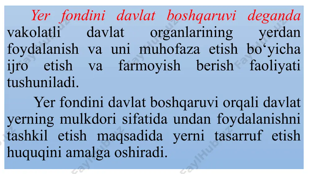 fondini davlat boshqaruvi organlari ham hududiy, ham tarmoq bo‘ysunishda shakllantiriladi; -yer masalalarini xal qilishda har tomonlama yondashishga, ya’ni yerlardan foydalanishni tashkil etishda ushbu foydalanishning oqilonaligi va atrof tabiiy muhitni muhofaza etishni ta’minlash va respublika xalq xo‘jaligi va aholini iqtisodiy va ijtimoiy manfaatlarini qondirishni ta’minlash; -yer fondining davlat boshqaruvini tashkil etishda tabiiy resurslardan foydalanish va nazorat qilish, ya’ni ushbu sohada yerlardan bevosita foydalanuvchilar nazorat qilish vakolatiga ega bo‘lmasligida, yer fondini davlat boshqaruvi organlarini shakllantirish hamda ularning faoliyatlarini tashkil qilishda foydalanish va nazorat qilish vakolatlarini tartibga solishda ifodalanadi. yer fondini davlat boshqaruv organlari huquqni muhofaza qilish faoliyati orqali tabiiy resurslardan foydalanish va ularni muhofaza qilish qoidalari buzilgan taqdirda aybdor shaxslarni jinoiy, ma’muriy va intizomiy javobgarlikka tortish masalasi huquqni muhofaza qilish organlari yoki u ishlaydigan tashkilotning ma’muriyati oldiga qo‘yiladi, belgilangan tartibda ma’muriy javobgarlikka tortadilar, sud organlarida yer fondiga yetkazilgan zararni undirish bo‘yicha da’vo arizalarini qo‘zg‘atadilar, yer egalari va yerdan foydalanuvchilarning buzilgan huquqlarini tiklashga …