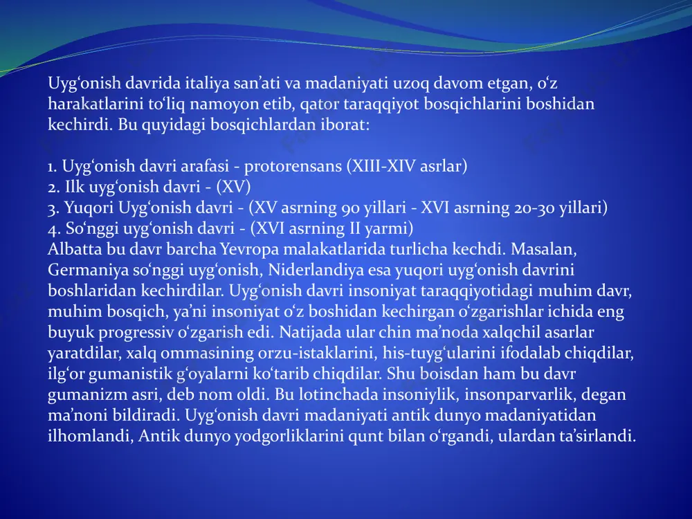nlar. rimliklar olimpiya hudolariga siginganlar, ammo ularning nomlarini o‘zgartirganlar. masalan, zevsni yupitir deb dengiz hudosi poseydonni neptun, gefstni esa vulqon deb ataganlar. imperator g‘alabalarni ko‘klarga ko‘targan ishlangan haykalalar releflar, arklar, ustunlar imperator hokimiyatining hudo tomonidan -yaratilganligi va qurilganligiga ifoda etilishi lozim edi. rim haykaltaroshlari portretlar yaratishda grek ustozlaridan uzib ketdilar. qadim zamonlardanok rim o‘lgan odamlar yuzini mumdan kuyib maska yasaganlar. portret haykallar ishlash san’atini rivojlantirganlar. rimda ishlanan portretlar odam qiyofasini tashqi ko‘rinishi ifodalabgina qolmay balki uning xarakterini, irodasini, joxilligini ochib berib aniq ifodalaganlar. https://fayllar.org/mavzu-milliy-goyaga-daxldorlik-hissi-barqaror-taraqqiyot-omili.html tasviriy san’at. tasviriy san’atda sodir bo‘lgan xususiyatlar xam me’morchilikdagi ulug‘vorlikka umumlashgan obrazlar yaratish hamda mahoratlashtirishga harakat kilishda namoyon bo‘ldi. leonardo da vinchi (1452-1529). vinchi kishlogi yaqinida natarius oilasida dunyoga keldi. leonarda 17 yoshida otasi florensiyaga ko‘chib o‘tadi. shu yerda leonardo andrea veroniko ustoxonasida tasviriy san’at borasidagi bilimini oshirdi. u o‘z ustozi verokkioga yordamlashib uning «isoni chukintirish» (tax. 1476 yil florensiya galeriyasi) asarining chap tomonidagi farishta rasmini …