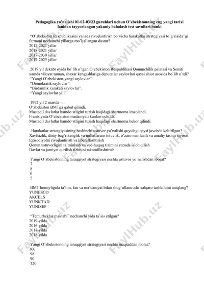 o’zbekistonning eng yangi tarixi fanidan yakuniy baholash test savollari banki — DOCX