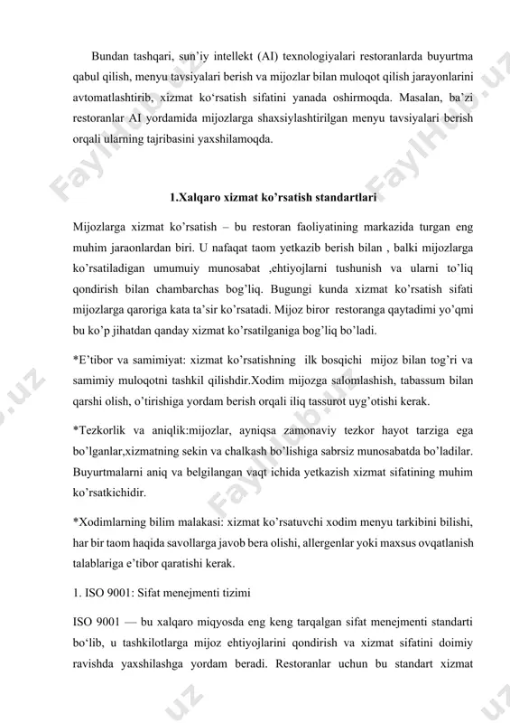 tish jarayonlarini tizimlashtirish, xodimlarni muntazam o‘qitish va mijozlarning fikr-mulohazalarini hisobga olish orqali xizmat sifatini oshirish imkonini beradi. iso 9001 sertifikati restoranlarga mijozlar ishonchini mustahkamlash va xalqaro bozorda raqobatbardosh bo‘lishga yordam beradi. 2. haccp: oziq-ovqat xavfsizligi tizimi haccp (hazard analysis and critical control points) — oziq-ovqat xavfsizligini ta’minlashga qaratilgan tizim bo‘lib, u oziq-ovqat ishlab chiqarish va xizmat ko‘rsatish jarayonlarida biologik, kimyoviy va fizik xavflarni aniqlash va nazorat qilishni nazarda tutadi. restoranlar uchun haccp tizimi oziq-ovqat mahsulotlarining xavfsizligini ta’minlash, mijozlar salomatligini himoya qilish va brend obro‘sini saqlashda muhim rol o‘ynaydi. haccp tizimini joriy etish orqali restoranlar oziq-ovqat xavfsizligi bo‘yicha xalqaro talablarni bajargan bo‘ladilar. 3. servqual modeli: xizmat sifatini baholash servqual modeli mijozlarning xizmat ko‘rsatish sifati bo‘yicha kutganlari va real tajribalari o‘rtasidagi farqni o‘lchashga yordam beruvchi vosita hisoblanadi. u beshta asosiy o‘lchovga asoslanadi: • moddiy jihatlar (tangibles): restoran muhitining tozaligi, xodimlarning tashqi ko‘rinishi va jihozlarning holati. • ishonchlilik (reliability): xizmatning doimiyligi va va’dalarga …