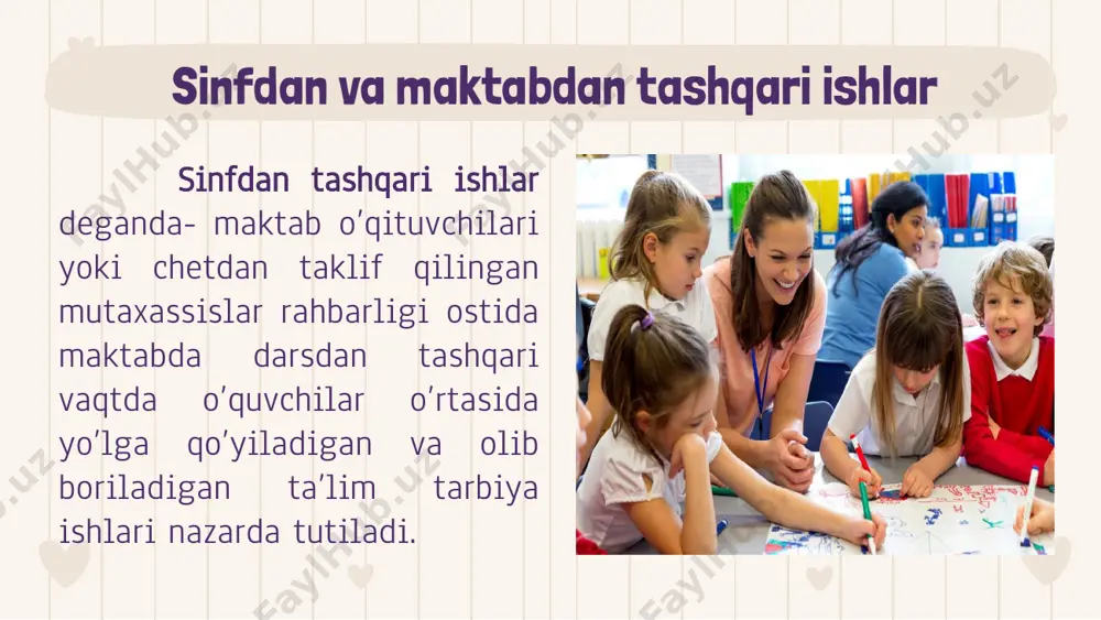 atto sovuq havoda ham o’ynashga chiqishadi. fin maktablarida bo’sh vaqtni ta’minlashning asosiy maqsadlari: -“miya sindirish” vazifasini bajaradi; -ma’suliyatni o’rgatadi; - ijtimoiy muloqot ko’nikmalarini rivojlantiradi; -jismoniy sog’lom bo’lishlariga yordam beradi 1. sayyohlik; 2. klublar ( brownies, boys brigade, judo, karate, raqs va yoshlar klublari ); 3. sport ( kriket, futbol, tennis, basketbol, stantsiya o’yinlari,... ) angliya maktablarida ko’p uchraydigan to’garaklar tadqiqotchi bolalar to’garak tasnifi “tadqiqotchi bolalar” to’garagi o’zida tabiiy fanlar, matematika, tasviriy san’at, texnologiya kabi fanlarni birlashtirgan bo’lib, bunda ma’lum bir maqsad asosida o’quvchilarga topshiriq beriladi. masalan, gular qurib qolmasligi uchun ularni boshqa tuvakka o’tkazib, eking; sinf yoki bog’da yashirib qo’yilgan xazinani xarita yordamida toping. to’garak maqsadi o’quvchilarni kutilmagan hayotiy vaziyatlarga tayyorlash, bilimlarini amaliyotda qo’llashni o’rgatish, qobilyatli o’quvchilarni rivojlantirish. topshiriqlardan namunalar 1. qushcha uchun uya yasang; 2. kalit so’z yashirilgan mozaykani tering va kalit so’zni toping; 3. qog’oz-kartondan mashina modelini yasang 4. tabiat rasmini chizing 5. bog’ga yashiringan xazinani topishmoqlar yordamida …