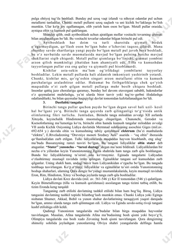 nbalarda keltirilmagan oltin о‘rda xonlarning nomlarini aniqladi. bundan keyin olim peterburgdan ketmadi va umrini sharq tangalarini о‘rganishga bag‘ishladi. u xatto о‘z familiyasiga xristian danilovich nomini qо‘shdi. uning shogirdi p.s.savelyev u haqda: “martin fren rossiya uchun sharq tangalari manbashunosligini ochdi”, - deb yozadi. 1834 yilda a.d.chertkovning “opisaniye drevnix russkix monet” asarida qadimgi rus tangalarining ilmiy tasnifini amalga oshirdi. rus numizmati aleksey vasilyevich oreshnikov (1855-1933) tangani muhim tarixiy manba deb ataydi. uning “russkiye moneti” asarida tangalarni knyazliklarga ajratib katalog tuzgan. xx asrda numizmatikaning mavqei о‘zgardi. tadqiqotlar xususiy myunskabinetlardan davlat darajasiga kо‘tarildi. “numizmat” tushunchasi “kolleksioner” tushunchasidan ajratildi. tangalar haqidagi fan tadqiqotchilarning harakatlari tufayli olg‘a siljidi. 1986 - yilda kembrijda 13 tomlik tanga pullar tarixi bо‘yicha jahon olimlari ishtirokida yozilgan tо‘plamning 1 jild bosmadan chiqdi. о‘zr fa muso toshmuhammad о‘g‘li oybek nomli о‘zbekiston xalqlari tarixi muzeyining “numizmatika” bо‘limi о‘rta osiyo bо‘yicha eng boy haqiqiy tangalar saqlanadigan va uni о‘rganadigan ilm-fan dargohlaridan biridir. unda eron …