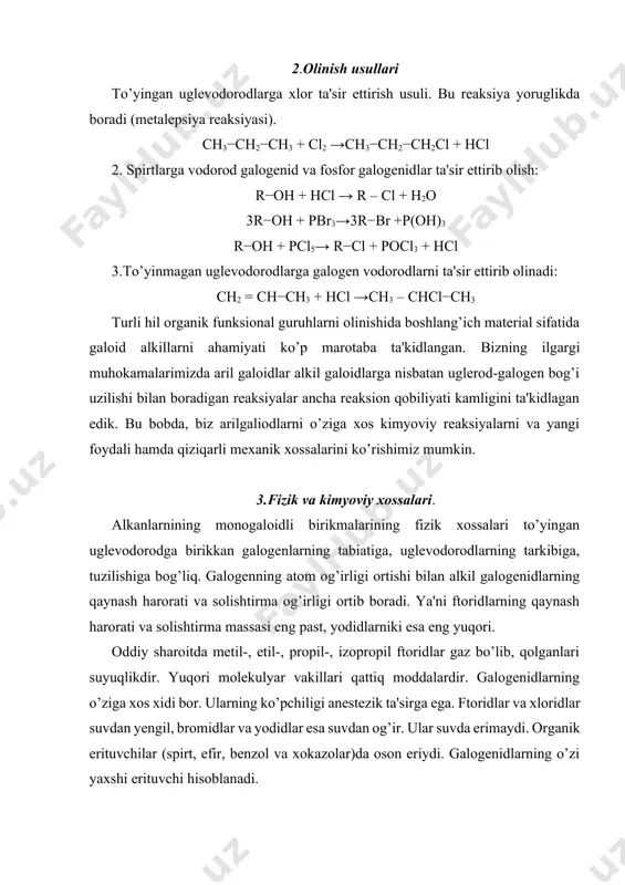 idrolizi. c2h5j + agoh → c2h5oh + agj c2h5br + hoh → c2h5oh + hbr ikkinchi reaksiya qaytar bo’lib, reaksiya o’ng tomonga borishi uchun ozgina ishqor qo’shish lozim. birlamchi, ikkilamchi va uchlamchi galoidli birikmalar har hil tezlikda va turlicha mexanizmda gidrolizlanadi. birlamchi, ikkilamchi galoid alkillar gidrolizi sn2–bimolekulyar nukleofil almashinish, uchlamchi galoid alkillarning gidrolizi esa sn1– monomolekulyar nukleofil almashinish mexanizmi bo’yicha ketadi. 3. nukleofil almashinish reaksiyalari. gidroliz reaksiyasi kabi galoid alkillar bir qator nukleofil reagentlar bilan reaksiyaga kirishadi: r− j + nash → r – sh + naj merkaptan r – br + agococh3 → r −cooch3 + agbr murakkab efir r – j + nacn→ r −cn + naj nitril r – j + nh3 → r−nh2∙ hj tuz alkenlarning olish. alkil galoidlarni ishqorlar (koh) ning spirtdagi eritmasiga qo’shib qizdirilsa alkenlar hosil bo’ladi. vyurs reaksiyasi. galoidli alkillarning metallar bilan o’zaro reaksiyasi natijasida alkanlar olinadi. 2ch3 – cl + 2na → …