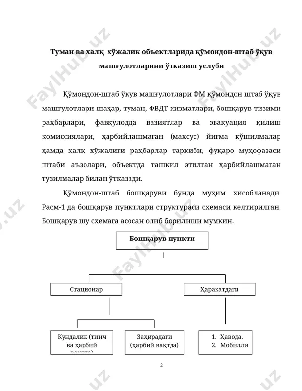 у ўқув машқ раҳбари ҳисобланади. ўқув машғулотлари раҳбарининг ўринбосарлари ва ёрдамчилари этиб вилоят миқёсидаги фм хизматчилари, бошқарма бошлиқлари ёки машқга жалб этилаётган объектларнинг раҳбарлари тайинланадилар. улар машғулотларини тайёрлаш ва ўтказишда фаол қатнашиб, машқ бўйича ўз шахсий режаларини ишлаб чиқадилар. машқ жараёнида ўзларига бириктирилган ҳудудда шартли топшириқларини бажарилишга раҳбарлик қилиб, ходимларни содир бўлган вазиятда тўғри ҳаракат қилишга ўргатади ва ўзига белгиланган ҳудудда машқ бўйича муҳокама ўтказади. машқнинг раҳбарият штаби - машқ раҳбарининг кўрсатмасига асосан машқни тайёрлаш ва ўтказишни ташкил этади. вилоят фв бошқармаси бошлиғи раҳбарият штабини бошлиғи - машқ раҳбарининг ўринбосари ҳисобланади. ўқув машқининг раҳбари ўқув машқларини ўтказиш учун зарур бўлган дастлабки маълумотларни ва унинг унумли фойдаланиши аниқлайди. дастлабки маълумотлар бу мавзу, ўқув машқининг мақсади, машқнинг босқичлари ва уларнинг ўқув саволлари, ўқитилаётган раҳбарлар таркиби ва бошқарув органлари. машқ раҳбари ўқув машқи тугагандан кейин ўрганувчиларнинг ҳаракатини баҳолайди ва йўл қўйилган камчиликларини бартараф этиш бўйича вазифалар қўяди. ўқув машқига тайёргарлик. унинг ўтказилишидан бир-ярим …