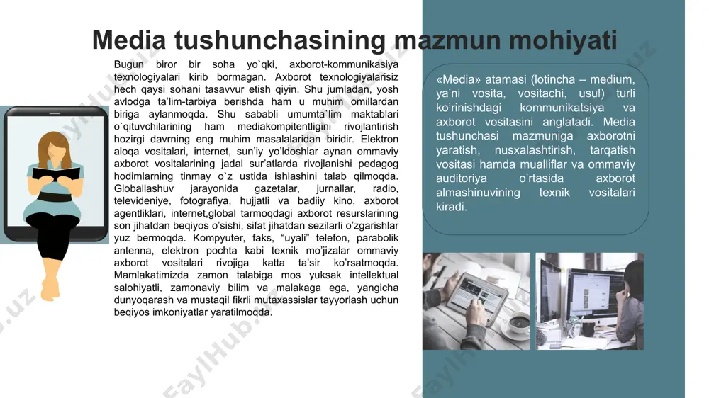 lanishi mumkin bo'lgan ikkita yondashuv mavjud. birinchi yondashuv - eksklyuziv - asosan axborot fanlarini ifodalovchi tadqiqotchilar va ta'limda axborot texnologiyalari tarafdorlari (shu jumladan o'qituvchilar) orasida ustunlik qiladi. ularning fikricha, media kompetensiyalari (adabiy media) deganda juda tor ma’noda turli axborot kanallari (raqamli va raqamli bo‘lmagan) orqali media xabarlarni tanqidiy tushunish, yaratish va tarqatish ko‘nikmalari tushuniladi va raqamli kompetensiyalarning tarkibiy qismlaridan faqat biri hisoblanadi. misol uchun, digcom loyihasi bilan bog'liq yevropa komissiyasi ekspertlari uchun media kompetentsiyalari raqamli kompetentsiyalar sifatida it (savodxonlik), axborot (axborot savodxonligi) va internet (savodxonlik internet) kompetentsiyalaridan iborat. bunday ma'lumotlarning aniqligi va ishonchliligi zamonaviy jamiyatning hozirgi talablarini sinxronlashtirish uchun asos bo'ldi. mediata'limdan ko'zlangan asosiy maqsad mediasavodxonlikni shakllantirishdir. boisi savodxonlikning aynan shu turi insonga axborot maydonida televideniye, radio, video, kinematograf, matbuot, internet, media-madaniyatning tilini tushunishga axborotlarni tahlil etish yo'li bilan qabul etishga, axborotlardan faol foydalanishga yordam beradi. mediasavodxon odam sotsiomadaniy, siyosiy konteksdagi medianing faoliyatini tahlil etish, baho berish qobiliyatga ega bo'ladi. …