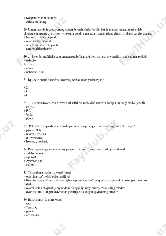 maqsad yo‘lida jamoaga birlashgan kishilar tomonidan moddiy va ma’naviy boyliklarni hamjihatlik bilan o‘zlashtirilidigan mulk - fuqarolar mulki bo‘lib, ularning shaxsiy yoki oilaviy ehtiyojini qondirishga xizmat qiladigan mulk + ayrim sohibkorlarga, qarashli yollanma, mehnatga asoslangan va o‘z egasiga, foyda keltiruvchi mulk, - alohida olingan obyektning turli mulkdorlar ishtirokida o‘zlashtiriladigan mulk 23. … bu davlat mulkiga egalik huquqining davlatdan xususiy shaxslarga o‘tishidir. + mulkni davlat, tasarrufidan chiqarish, - mulkni auksionda sotish - mulkni hadya etish - mulkni likvidatsiya qilish 24. mulkni davlat tasarrufidan chiqarish sharoitga qarab qanday usullarda amalga oshirilishi mumkin? - pulli, pulsiz - pulli, imtiyozli + pulli, pulsiz, imtiyozli, - pulli, pulsiz, aralash 25. o‘zbekistonda mulkni davlat tasarrufidan chiqarish va xususiylashtirish dasturining 2-bosqichi nechanchi yillarga to‘g‘ri keladi? - 1990-1991; - 1991-1992; - 1992-1993; + 1993-1994, 26. quyidagilarning qaysi biri mulk subyektiga to‘liqroq ta’rif bo‘la oladi? - mulkdorlar + jamiyatda ma’lum, ijtimoiy-iqtisodiy mavqeyiga ega bo‘lgan, mulk obektini o‘zlashtirishda qatnashuvchilar, mulkiy munosabatlar …