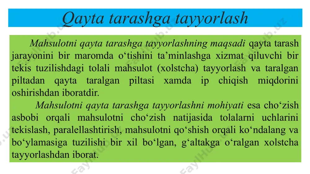 iametri 200 mm xolstchalar tayyorlashga mo’ljallangan. qayta tarashga tayyorlash mashnasining texnik tavsifi mikkk stone № texnik ko‘rsatkichlari tsl-12 unilap e 32 omegalap e 36 1 chiqarish tezligi, m/min 180 70-120 230 2 unumdorligi, kg/s 518 480 600 3 piltaning chiziqiy zichligi, kteks 4-5 3,3-6 3-6 4 xolstchaning chiziqiy zichligi, kteks 60-80 140 140 5 xolstchaning eni, mm 300 300 300 6 xolstchaning massasi, kg 25 25 25 7 piltalarning qo‘shilishlar soni, 24 28 28 8 umumiy cho‘zish 1,2-3 1,36-2,2 1,4-2,4 9 elektr energiya sarfi, kvt/soat 16,05 7-2,2 4,8 10 mashinaning eni, mm 8000 6890 6890 11 mashina balandligi, mm 2220 2800 2802 12 mashinaning uzunligi,mm 8088 8013 7963 ishlab chiqartish korxonalarida pilta birlashtirish mashinlari image1.jpg image13.jpg image3.jpg image14.png image15.png image16.jpeg image17.png image18.emf image19.jpeg image20.jpeg image21.jpeg image22.jpeg image23.png image24.png image25.png image26.png /docprops/thumbnail.jpeg