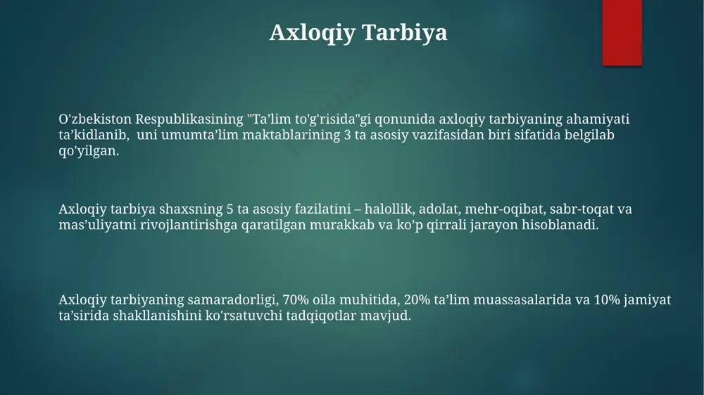 akomillashtirish va mukammallashtirish) baholash imkonini beradi va individual yondashuvni ta'minlaydi. jismoniy tarbiya bolaning jismoniy rivojlanishiga 30% dan ortiq ta'sir ko'rsatadi, bu esa sog'lom turmush tarzini shakllantirish va kasalliklar xavfini 15% ga kamaytirishga yordam beradi. jismoniy mashqlarning 5 turi (yugurish, suzish, gimnastika, sport o'yinlari va kuch mashqlari) bolaning mushak-skelet tizimini mustahkamlaydi va 20 dan ortiq kasalliklarning oldini oladi. ruhiy tarbiya ruhiy tarbiya shaxsning 5 ta asosiy xususiyati – aql, iroda, his-tuyg'u, diniy e'tiqod va ma'naviy fazilatlarini har tomonlama rivojlantirishga qaratilgan murakkab jarayondir. ruhiy tarbiya jarayonida 20 dan ortiq turli metod va usullar, jumladan, namunaviy shaxslar bilan muloqot, adabiyot o'qish va mustaqil fikrlash mashqlari qo'llaniladi. ruhiy tarbiyaning samaradorligini oshirish uchun 3 ta asosiy omil – oilaviy tarbiya, maktab ta'limi va jamiyatning ijobiy ta'siri muhim ahamiyatga ega. tarbiyaning mohiyati va maqsadi tarbiya jarayonida 5 ta asosiy element: oila, maktab, jamiyat, diniy ta'limot va o'z-o'zini tarbiyalash muhim o'rin tutadi, ularning har biri shaxsning rivojlanishiga …