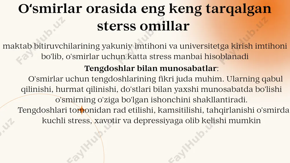 shaxs har kuni normal ravshda c vitamini qabul qilishi natijasida qon bosimi oshmaganligini va stress gormonlari darajasi normal holatga qaytganligini koʻrsatgan. stress va tushkunlikdan chiqish uchun inson oʻzini 3 daqiqa davomida kuldirishi va tabassum qilishi tavsiya etiladi. kulgan inson organizmida endofrin gormoni ishlab chiqiladi. mana shu 3 daqiqalik soxta kulgu esa tabiiy kulguga aylanadi. shunday ekan birinchi navbatda tushkunlikka tushgan shaxsning yaqin insoni uni kuldirishga harakat qilishi zarur. image1.png image2.png image3.png image4.png image5.png image6.png image7.svg image8.png image9.svg image10.png image11.svg /docprops/thumbnail.jpeg