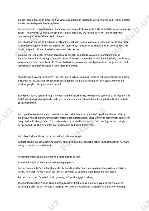 uyda yoki ishda bajarish qiyin emas, bu orqali ko’z nurini o’tkirlashtirishga erishish mumkin: tirsaklarni stolga qo’yib, o’tirish kerak. qulaylik uchun, tirsaklar ostiga bir necha marta qatlangan junli mato yoki kichik yostiqcha qo’yish mumkin. ensa, bo’yin va orqa bitta to’g’ri chiziqda bo’lishi kerak, shunda miya qon bilan optimal ta’minlanadi. ko’z nurini tiklashni qo’llarni yengil silkitishdan boshlash yaxshi. hech kimga sir emaski, ruhiyat tarang bo’lsa, barmoqlar mushtga yig’iladi, bilaklar esa taranglashadi. qo’llarni silkitish teskari ta’sir beradi: ruhiyat qo’llar bo’shashgan bo’lsa, u ham bo’shashishi mumkinligi haqida signal oladi. kaftlar issiqroq bo’lishi uchun ularni bir-biriga ishqalash foydali, bunda ular kuch va energiyaga to’layotganini tasavvur qilish tavsiya etiladi. qo’llaringizni hovuch kabi qilib, ularni yumilgan ko’zlaringizga qo’ying, bunda jimjimaloqlar asosi burun va peshona tutashgan joyda birlashishi kerak, huddi ko’zoynak tutashtirgichi kabi. kaftning asosi esa yonoqlarda bo’ladi. qo’l bilan kuchli bosishga hojat yo’q, bunda ko’zni ochib-yumish imkoni bo’lishi kerak. shu bilan birga, kaft va yuz aloqa qiladigan …