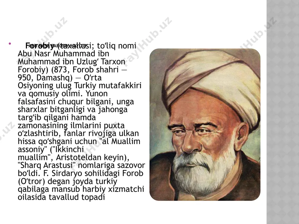 inson tarbiyasiga taʼsir qiluvchi omillardan biri deb billi. u musiqani insonga nafosat, estetik zavq bagʻishlovchi, histuygʻulari va axloqini tarbiyalovchi muhim vosita, deb hisoblaydi. mutafakkir "musiqa haqida katta kitob" nomli koʻp jildli asarida musiqa nazariyasi va tarixi, turli musiqa asboblari, kuylar va ularning ichki tuzilishi, tovushlar, ritmlar, ohanglar haqida maʼlumot berdi; ilmi iyqo, ilmi taʼlif fanlariga asos soldi. abu nasr farobiy aytgan: kikmki hikmat ilmiga kirishmoqchi bo’lsa, u, avvalo… har tomnlama odob ilmini o”rgangan odan bo”lishi kerak. avvalo unday kishi qur’on, til va qonunshunoslik ilmini egallashi kerak. unday kishi odamlarga mehribon, pokiza, to’g’ri so’z bo’lishi kerak. kishi ilmini kasb, hunar qilib olmasligi va inu mol-dunyo topish vositasiga aylantirmasligi kerak. bordi-yu, axloqi hozir biz aytgan gaplarga teskari bo’lgan kishilar topilguy bo’lsa, undaylar hech qachon hakimlar jumlasiga kirmaydilar… darxtning kamolga yetgani mevasidan bilingaidek, baxt-saodat yaxshi xulqlar bilan mukammal bo’ladi. kimki o’zini o’z darajasidan yuqori qo”ysa, unday kishi uchun kamolat yo’li to’siladi. e’tiboringiz uchun …