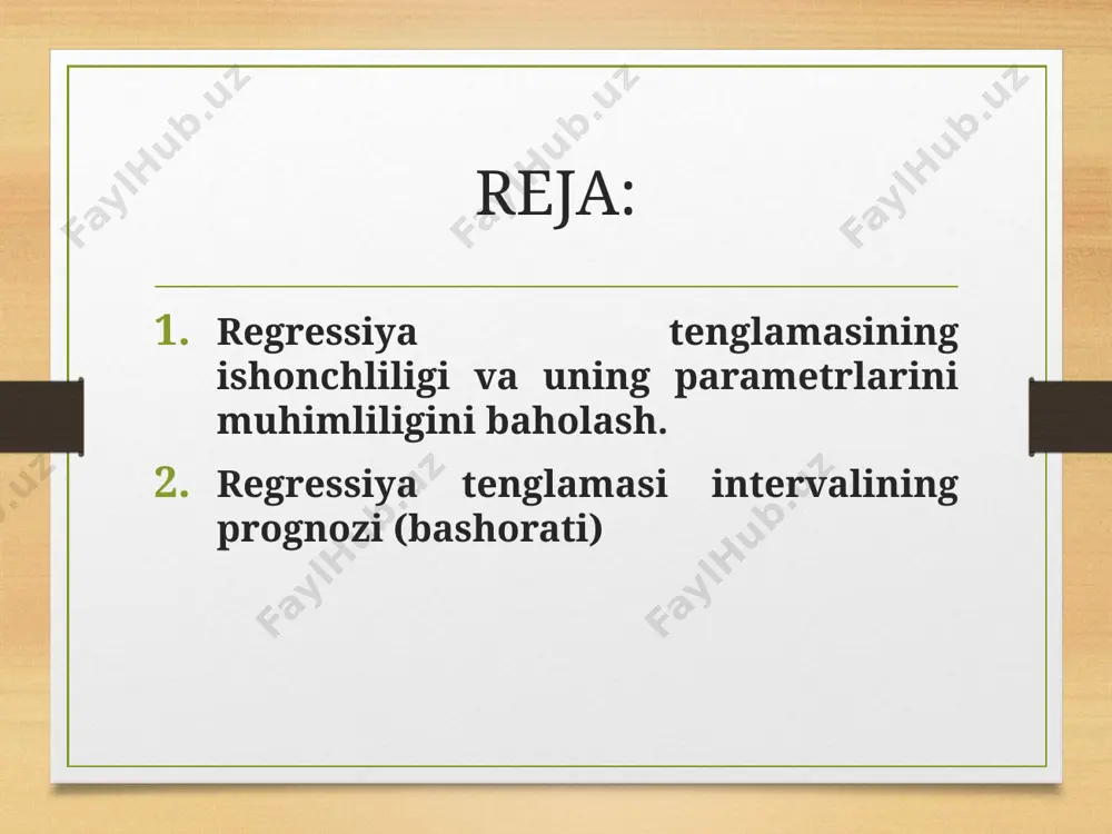: x regressiya tenglamasining parametri tasodifiy xatoligi quyidagi formula bilan aniqlaniladi: chiziqli korrelyatsiya koeffitsientining tasodifiy xatoligi esa quydagi formula asosida aniqlaniladi: regressiya tenglamasi parametrlarining statistik ma’nodorligini baholash styudent- t kriteriyasi yordamida ham amalga oshirilishi mumkin (erkinlik darajasi soni n-2 va a=0,05 bo’lganda t belgining jadval qiymatlari styudent taqsimoti jadvalidan topiladi). unda quydagilar hisoblanadi; agar belgining topilgan asl qiymatlari uning jadval qiymatidan katta bo’lsa (ya’ni “a’’ va “b’’ parametrlar statistik ma’nodor hisoblanadi. ‘’a’’ parametrning tasodifiy hatoligi ham xuddi shu tartibda baholanadi. chiziqli korrelyatsiya koeffitsentining tasodifiy xatoligini baholashda sharoitdan foydalanamiz. regressiya tenglamasi “a” va “b” parametrlarining topilgan qiymatlaridan foydalanib va parametrlarning ishonchlilik intervallarini topish mumkin. ular uchun ishonchlilik intervali quyidagicha aniqlaniladi: regressiya tenglamasi asosida bashorat qilinganda tenglamaga ‘x’ o’zgaruvchining xb bashorat qiymati qo’yilib ‘y’ o’zgaruvchining bashorat qiymati hisoblanadi. regressiya tenglamasida qatnashuvchi parametrlar va o’zgaruvchilarda tasodifiy xatoliklar mavjud bo’lganligi sababli natijaviy belgining bashorat qiymatida ham tasodifiy xatolar mavjud va bashorat qiymati ham ma’lum …