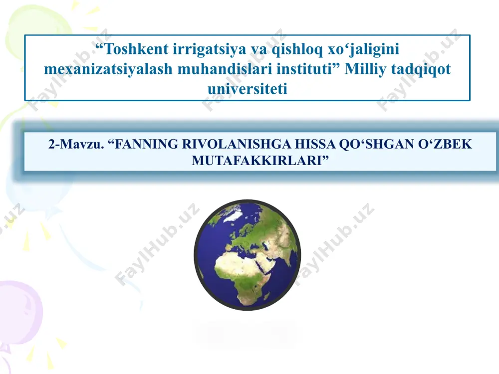 n keltirilgan oyning turli xil fazalari 1022—1024-yillarda mahmud hindistonga qilgan yurushida beruniyni oʻzi bilan olib ketdi. safarda ham beruniy ilm bilan shugʻullandi. u panjobdagi nand qalʼasi yonida yer shari meridianini bir gradusining uzunligini oʻlchadi va u 110,895 km. ekanini aniqladi. bu maʼlumot hozirgi zamon oʻlchashlari natijasi — 111,1 km bilan taqqoslansa, beruniy oʻlchashlarining aniqligi qay darajada ekani koʻrinadi. yerning aylana uzunligini oʻlchash muallifning ilmiy adabiyotlarda qisqacha „geodeziya“ deb yuritiladigan „turar joylar orasidagi masofani tekshirish uchun joylarning oxirgi chegaralarni aniqlash“ nomli astronomiya va geografiyaga bagʻishlangan asari 1025-yilda yozib tugatildi. beruniyning o'sha davrda yaratgan kashfiyotlaridan biri - globus ixtiro etganligidir. abu rayhon beruniyning «at-tafhim» kitobidagi «dunyo kartasi» muhammad ibn muso al-xorazmiy (780-847) qadimiy xorazm sharqda ilm-fanning rivojlanishida juda katta o`rin tutgan. tarixchilarning tasdiqlashlaricha, xorazmda aniq fanlar - geometriya, trigonometriya, astronomiya, topografiya, kimyo, mineralo¬giya va boshqa tabiiy fanlar viii—ix asrlardayoq yuksak darajada taraqqiy etgan. geogra¬fik bilimlarning yuksak darajada bo`lishi va jamlanishi xorazmlik savdogarlarga …