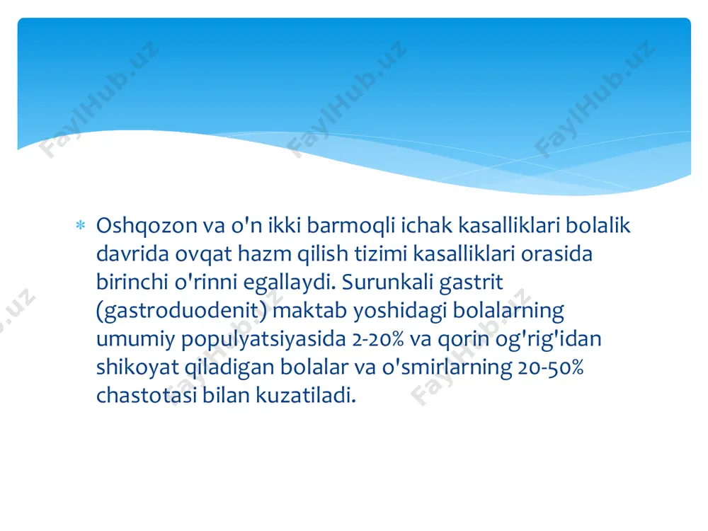 ta'sir ko'rsatishi mumkin. adabiyotda rux, temir, mis kabi iz elementlarning etishmasligi va ortiqcha ekotoksikantlar (qo'rg'oshin) oshqozon- ichak trakti shilliq qavatining morfo- funktsional holatiga ta'sir qilishi va uning yallig'lanish o'zgarishlariga olib kelishi mumkinligi haqida dalillar mavjud.  histomorfologik usul  klinik va laboratoriya tadqiqot usullari  atomik absorbsion spektrofotometriya usuli  statistik ishlov berish tadqiqot usullari bolalarning yoshi bo'yicha taqsimlanishi pilorik helikobakter i gruppa hp+ - 31 rebenok (57,4 %) ii gruppa hp- - 23 rebenka ( 42,6 %) qiyosiy guruhlarda bolalarning ji nsi bo'yicha taqsimlanishi 1 gruppa hp+ 2 gruppa hp- o”g”ilbola 17 ( 54,8 %) 12 ( 52,2 %) qizlar 14 ( 45,2 %) 11 ( 47,8 %) jami 31 23 taqqoslash guruhlarida bolalarning yoshi bo'yicha taqsimlanishi yosh hp+ hp- oldin 12yosh 10 (32,3%) 3 (13%) 12-15yosh 9(29%) 13 (56,5%) yoshi kattaroq15 12 (38,7%) 7 (30,5%) jami 31 23 tahlil qilingan guruhlarda cgd kasalligining davomiyligi. *r<0,05 hp (hp+) bilan …