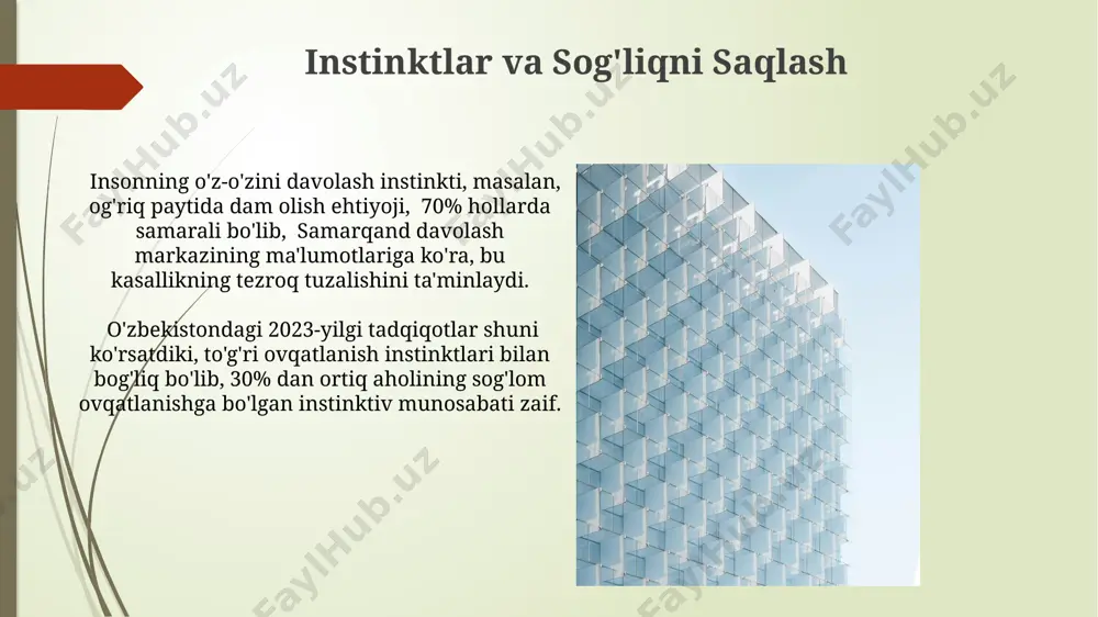 genetika va instinktlar inson instinkti 10 ming yildan ortiq vaqt davomida evolyutsiya jarayonida shakllanib, atrof-muhitga moslashishga yordam bergan, bu esa, masalan, afrika qit'asidagi turli xalqlarning o'ziga xos xulq-atvoriga misol bo'la oladi. odamlarda 1000 dan ortiq gen instinktiv xulq-atvorni nazorat qiladi, shundan 200 tasi odamlarning ijtimoiy munosabatlariga, masalan, oilani saqlash yoki guruhlarda hamkorlik qilishga ta'sir qiladi, bu esa yaponiyaning genetik tadqiqot markazlarida tasdiqlanadi. e'tiboringiz uchun rahmat @taqdimot_robot image1.jpg image2.jpg image3.jpg image4.jpg image5.jpg image6.jpg image7.jpg image8.jpg image9.jpg image10.jpg image11.jpg image12.jpg image13.jpg image14.jpg image15.jpg image16.jpg image17.jpg
