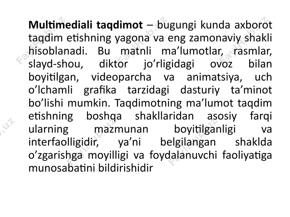 ridan biri taqdimotlarni kompyuterlarda ishlab chiqishning eng ko’p tarqalgandir. darslarni tashkililashtirish, ko’rgazmali, samarali bo’lishda taqdimotlardan foydalanmasdan erishish qiyin. taqdimotning samarali bo’lishi nafaqat ilg’or goyalaringizga balki taqdimotning ko’rinishiga ham bogliq boladi. tinglovchilar bilan vizual aloqa o’rnatishda taqdimotning tashqi ko’rinish muhim ahamiyat kasb etadi. o’quv taqdimotiga qo’yilgan talablar. dars jarayonida taqdimotlar ko’rgazmali qo’llanma sifatida foydalaniladi. power point amaliy dasturlar paketi (adp) 1987 yildan boshlab paydo bo`lgan bo`lsa ham, ammo prezentatsiyalarni yaratishda etakchi o`rinni tutadi. bu dasturning keyingi versiyalarida esa shu dasturga qo`shimcha prezentatsiyalarni qo`llashning yangi usullari kiritildi. power point adpdan foydalanayotgan har bir foydala-nuvchi hoh u yangi ish boshlovchi bo`lsa, hoh tajribali bo`lishidan qat`iy nazar, ushbu dasturga kiritilgan yangi usullarni yuqori darajada baholaydi. power point adp - ma`ruza qilishda prezentatsiyalarni (taqdimot-larni) tayyorlash uchun xizmat qiladi. power point adp - universal, imkoniyatlari keng bo`lgan, ko`rgazmali grafika amaliy dasturlari tarkibiga kiradi va matn, rasm, chizma, grafiklar, animatsiya effektlari, ovoz, videorolik va boshqalardan tashkil topgan …