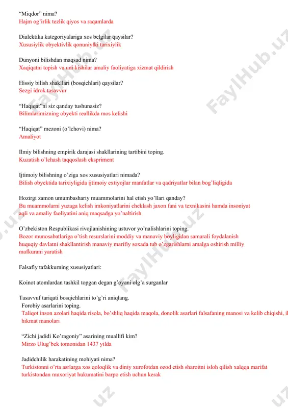 iy marifiy soxada tub o’zgarishlarni amalga oshirish milliy mafkurani yaratish falsafiy tafakkurning xususiyatlari: koinot atomlardan tashkil topgan degan g’oyani olg’a surganlar tasavvuf tariqati bosqichlarini to’g’ri aniqlang. forobiy asarlarini toping. taliqot inson azolari haqida risola, bo’shliq haqida maqola, donolik asarlari falsafaning manosi va kelib chiqishi, ihso alulum, hikmat manolari “zichi jadidi ko’ragoniy” asarining muallifi kim? mirzo ulug’bek tomonidan 1437 yilda jadidchilik harakatining mohiyati nima? turkistonni o’rta asrlarga xos qoloqlik va diniy xurofotdan ozod etish sharoitni isloh qilish xalqqa marifat tarqatish turkistondan muxoriyat hukumatini barpo etish uchun kerak o’zbekiston falsafiy tafakkuri tarixi bo’yicha yirik allomalarni aniqlang. fitrat, avloniy, qodiriy gegel ta’limotining yutug’i nimada? mutloq ruh g’oyasiga asoslangan falsafiy tizimda feyerbax falsafasining mohiyati nimada: geogelning mutloq ruh g’oyasini tanqid qilishda quyidagilarning qaysi biri ekzistentsializm namoyondasi? xaydegir yaspers metodologiya (“uslubiyat”) nima? metod va logiya so’zlaridan tadqiqotchining nazariy va amaliy faoliyatini tashkil etish tiklash tamoyillarini va usullari tizimi hamda bunday tizim haqidagi talimot “fazo (makon)” …