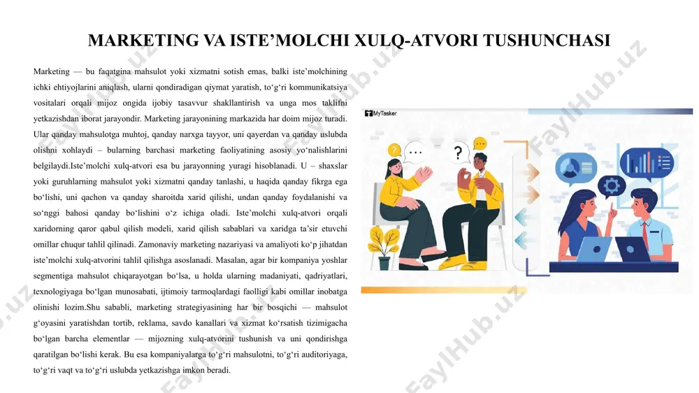 uvi, brending texnologik omillar raqamli muhit, internet, onlayn xarid imkoniyatlari xatti-harakatga bevosita ta’sir ko‘rsatadi onlayn sharhlar, mobil ilovalar orqali xarid qilish qulayligi qaror muhitiga bog‘liq omillar xarid qilinayotgan muhitdagi holatlar – vaqt, joy, holat do‘kon ichidagi musiqa, yoritish, xizmat sifati psixologik omillar psixologik omillar iste’molchining mahsulot tanlashi va xarid qaroriga bevosita ta’sir ko‘rsatadi. ularga motivatsiya, idrok, ta’sir-munosabat va o‘rganish kiradi. motivatsiya – ehtiyojning harakatga aylanishidir, ya’ni iste’molchi ichki ehtiyojini qondirish uchun mahsulot izlaydi. maslou nazariyasiga ko‘ra, bu ehtiyojlar fiziologikdan tortib, o‘zini o‘zi ro‘yobga chiqarishgacha bo‘lgan bosqichlarni o‘z ichiga oladi.idrok – xaridorning mahsulot haqidagi axborotni qanday tushunishi va qabul qilishidir. har bir iste’molchi mahsulotni o‘z tajribasi va dunyoqarashiga ko‘ra idrok qiladi.ta’sir va munosabat esa mahsulotga nisbatan ijobiy yoki salbiy hissiy munosabat shakllanishi orqali xarid ehtimolini belgilaydi. yaxshi tajriba ijobiy munosabatni, salbiy tajriba esa rad etishni keltirib chiqaradi. o‘rganish esa iste’molchining oldingi tajribalar asosida kelgusidagi qarorlarni shakllantirishidir. agar mahsulot foydali bo‘lsa, xaridor …
