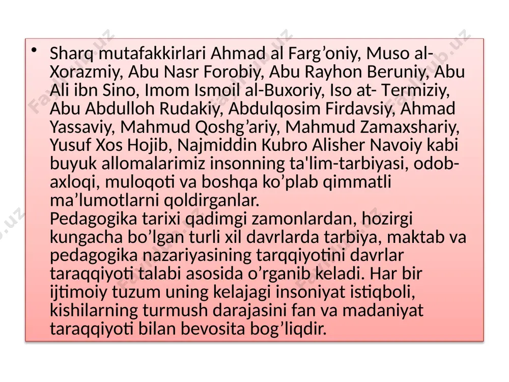 bundan biz forobiyning axloqni xulq mе'yorlari ifodasi sifatidagini emas, balki kishilarning aqliy faoliyatining natijasi sifatida xam talqin etganligini ko’ramiz forobiy pedagogik ta'limotning asosida komil insonni shakllantirish, insonning o‘z mohiyati bilan ijtimoiyligi, ya'ni faqat jamiyatda, o‘zaro munosabatlar jarayonida komillikka erishadi, degan falsafiy qarashi yotadi. ibn sino (lot. avitsenna, 980 - 1037 y.) o‘zining «shifo kitobi» va «tabiat durdonasi» asarlarida jismlarning o‘zaro aloqadorligi va bir-biriga ta'siri tushunchalari orqali, oy, quyoshning odamlarga, hayvonot va o‘simliklar olamiga ta'siri, yomg‘ir, qor, do‘l, sabzavotlar pishishining tezlashuvi, kishilar tanasida sodir bo‘ladigan o‘zgarishlarning asl sabablarini yoritib bergan. ibn sinoning fikricha, inson omiliga tabiiy va ijtimoiy muhitning ta'siri alohida ahamiyat kasb etadi. ayniqsa, uning taraqqiyotiga jonli mushohada va ijtimoiy tabaqalarning ta'siri muhim ekanligi qayd etilgan.8 voqyelikni ma'naviy o‘zlashtirish inson zotiga xos. insonning hayvonlardan farqi shundaki, olloh unga aql in'om etgan. u tufayli inson ezgulikni yovuzlikdan, intellektual yetuklikni yolg‘on-yashiq, adashishdan, do‘stni dushmandan ajrata oladi. aql nuri insonni tasodifiy kuchlar ta'siridan …