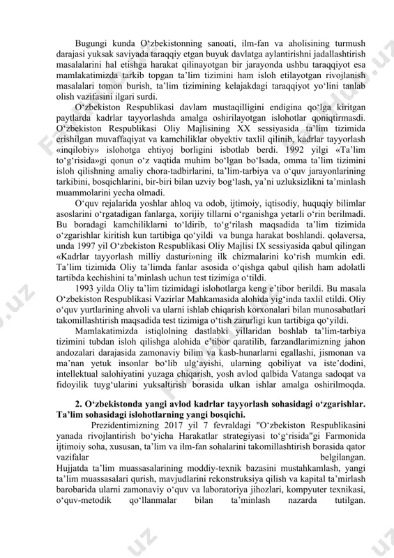 asida ilm-ma’rifatga salmoqli hissa qо‘shgan jadidlar harakati turkiston halqini ilmli, savodli, ma’rifatli qilish yо‘lida, yangi usulni qо‘llash ustida ish olib bordilar. bulardan, maxmudxо‘ja behbudiy, sadriddin ayniy, abdulla avloniy, abdurauf fitrat, munavvarqori abdurashidov kabi ma’rifatparvarlar edilar. о‘zbekiston mustaqillikka erishgach, sobiq ittifoq davridan qolgan о‘qitish va ta’lim berish uslubini о‘zgartirishga katta e’tibor berildi. vatanimiz kelajagini yaratuvchi, uning gullab-yashnashiga hissa qо‘shadigan kadrlarga ehtiyoj sezildi. avvalo, nutqda ta’lim mazmuni, «eski shо‘rolar zamonidan qolgan ta’lim-tarbiya tizimiga xos mafkuraviy qarashlardan va sarqitlardan butunlay xalos bо‘lmagan»ligi, ayniqsa, ijtimoiy gumanitar yо‘nalishdagi fanlar, estetik yо‘nalish predmetlarini о‘qitish, tarbiyaviy-mafkuraviy faoliyat mazmuni va uning dolzarb muammo ekanligi ta’kidlandi. bugungi kunda о‘zbekistonning sanoati, ilm-fan va aholisining turmush darajasi yuksak saviyada taraqqiy etgan buyuk davlatga aylantirishni jadallashtirish masalalarini hal etishga harakat qilinayotgan bir jarayonda ushbu taraqqiyot esa mamlakatimizda tarkib topgan ta’lim tizimini ham isloh etilayotgan rivojlanish masalalari tomon burish, ta’lim tizimining kelajakdagi taraqqiyot yо‘lini tanlab olish vazifasini ilgari surdi. о‘zbekiston respublikasi davlam mustaqilligini …