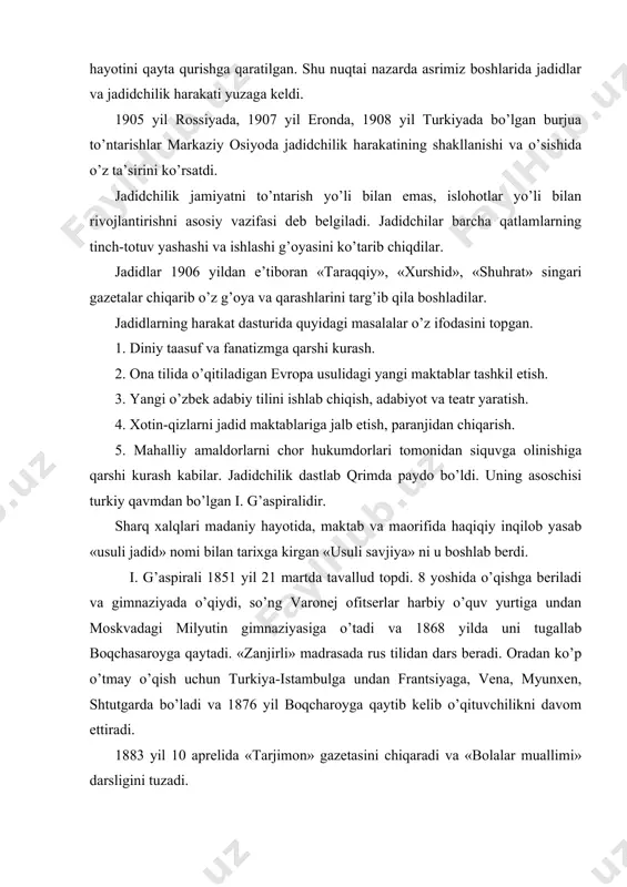 tsiyaga, vena, myunxen, shtutgarda bo’ladi va 1876 yil boqcharoyga qaytib kelib o’qituvchilikni davom ettiradi. 1883 yil 10 aprelida «tarjimon» gazetasini chiqaradi va «bolalar muallimi» darsligini tuzadi. 1884 yilda u 12 bolani yangicha usuli jadid bilan o’qitishga kirishadi va 40 kun ichida burro savodini chiqaradi. yangi usul maktabda quyidagilarga amal qilinishi kerak: 1. sinfda bolalar soni 30 tadan oshmasligi. 2. bolalar yoz va qish boshlaridagina maktabga qabul qilinishi. 3. har qabul nechta bo’lishidan qat’i nazar bir sinfdan oshmasligi. 4. har bir muallimda 3-4 sinf bo’lishi. 5. 7-9 yoshli bolalar uchun 5 soatdan oshmasligi, har darsdan so’ng 10 daqiqa tanaffus bo’lishi. 6. juma va bayram kunlari dam olish. 7. o’n oy o’qishdan so’ng ta’til bo’lishi. 8. dars zeriktirmasligi. 9. bolalarni urish va so’kish befoydaligi ko’rsatilgan. u «usuli jadid» bilan o’qitishning qoidalarini quyidagicha tushuntiradi. 1. butun alifboni birdan o’rgatish og’ir, boshda uch, besh harf o’rgatib borish engil. 2. birinchi darsdan shogirdlarni yozishni boshlamasliklari …