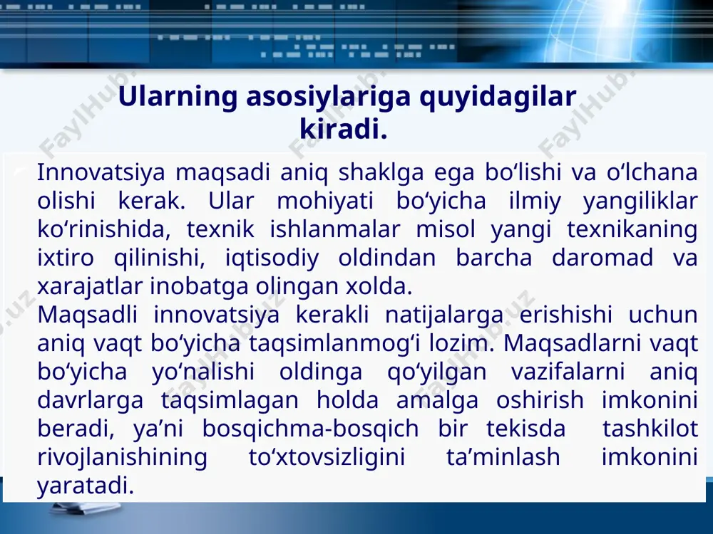 qarilishi kerak; yangi mahsulotlarni ishlab chiqarishda qatnashuvchi insonlarning xulq-atvori e’tiborga olinishi kerak; yaratilayotgan yangi mahsulotlar betakror bo’lishi lozim. foydalanilgan adabiyotlar molchanov n.n. innovatsionniy protsess: organizatsiya i marketing. sankt-peterburg., 1995. innovatsionniy menejment, spravochnoe posobie; nauka, sankt-peterburg,1997. zamt p. n, ipatov a. a.. kulagin a. s. innovatsionnaya deyatelnost v usloviyax rin­ka. spb.: nauka, 1994. kotler f. osnovi marketinga. per.s angl. m.: progress, 1992. hafwyww a. d. osnovi organizatsii reklami. m., 1992. statistika nauki i innovatsiy: kratkiy terminologicheskiy slovar / pod red. l. m. goxberga. m.: sisn, 1996. upravlenie issledovaniyami, razrabotaami i innovatsionnimi proektami / pod red. s v valdayseva. spb.: izd. spbgu, 1995. ilenkova s.d. innovatsionniy menejment. m.:- banki i birji, 1997. skamay l. riski v innovatsionnom predprinimatelstve. // risk. №5-6, 1998.