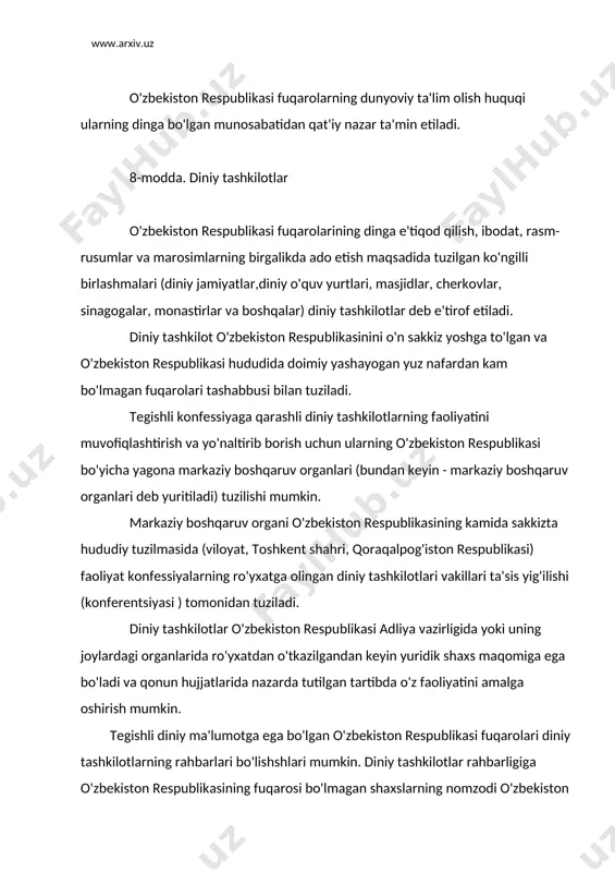 i bo'lmagan shaxslarning nomzodi o'zbekiston respublikasi vazirlar mahkamasi huzuridagi din ishlari bo'yicha qo'mita bilan kelishib olinadi. 9-modda. diniy o'quv yurtlari diniy tashkilotlarning markaziy boshqaruv organlari ruhoniylar va o'zlariga zarur bo'lgan diniy xodimlar tayyorlash uchun diniy o'quv yurtlari tuzishga haqli. diniy o'quv yurtlari o'zbekiston respublikasi adliya vazirligida ro'yxatdan o'tkazilib, tegishli litsenziya olganidan keyin faoliyat ko'rsatish huquqiga ega bo'ladi. oliy va o'rta diniy o'quv yurtlarida ta'lim olish uchun fuqarolar o'zbekiston respublikasining "ta'lim to'g'risida" gi qonuniga muvofiq umumiy majburiy o'rta ta'lim olganidan keyin qabul qi linadi. diniy o'quv yurtlarida diniy fanlarni o'qitayotgan shaxslar diniy ta'lim olgan bo'lishlari va o'z faoliyatlarini tegishli markaziy boshqaruv organining ruxsati bilan amalga oshirishlari lozim. hususiy tartibda diniy ta'lim berish man etiladi. 10-modda. diniy tashkilotning ustavi diniy tashkilotning ustavi quyidagi ma'lumotlarni o'z ichiga olgan bo'lishi kerak: - diniy tashkilotning nomi, turi, joylashgan manzili, qaysi dinga mansubligi; - maqsadi, vazifalari va faoliyatining asosiy turlari; - faoliyatni tashkil etish va tugatish …