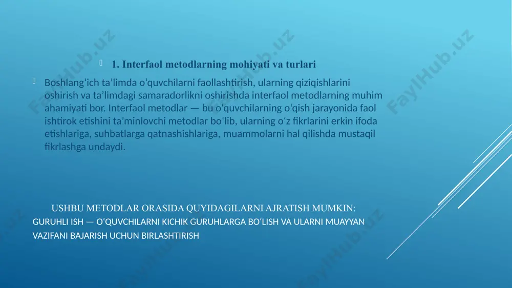 lardagi tezkorlik, ziyraklik va topqirlik jihatlarini ham rivojlantiradi tarmoqlar” metodi — o’quvchini mantiqiy fikrlash, umumiy fikr doirasini kengaytirish, mustaqil ravishda adabiyotlardan foydalanishni o’rgatishga qaratilgan; “3×4” metodi — o’quvchilarni erkin fikrlashi, keng doirada turli g’oyalarni bera olishi, ta`lim jarayonida yakka, kichik guruh holda tahlil etib, xulosa chiqara olishi, ta`rif bera olishiga qaratilgan; “blits-o`yin” metodi — harakatlar ketma-ketligini to’g’ri tashkil etishga, mantiqiy fikrlashga, o’rganayotgan predmeti asosida ko’p, xilma-xil fikrlardan, ma`lumotlardan kerakligini tanlab olishni o’rgatishga qaratilgan interfaol metod - ta‘lim jarayonida o‘quvchilar hamda o‘qituvchi o‘rtasidadagi faollikni oshirish orqali o‘quvchilarning bilimlarni o‘zlashtirishini faollashtirish, shaxsiy sifatlarini rivojlantirishga xizmat qiladi. 3.boshlang‘ich sinflarda interfaol metodlarni qo‘llash tajribalari boshlang‘ich ta’limda interfaol metodlarni qo‘llashda o‘qituvchilar tomonidan turli tajribalar amalga oshirilgan. bu tajribalar, o‘quvchilarning o‘qishga bo‘lgan qiziqishini oshirish, ularni mustaqil fikrlashga o‘rgatish va o‘qish jarayonini qiziqarli qilishda samarali natijalarga erishish imkonini beradi. misol uchun, guruhli ishlarda o‘quvchilar bir-biriga yordam berishadi va bu orqali o‘zaro muloqotni rivojlantiradilar. shuningdek, interfaol o‘yinlar orqali …