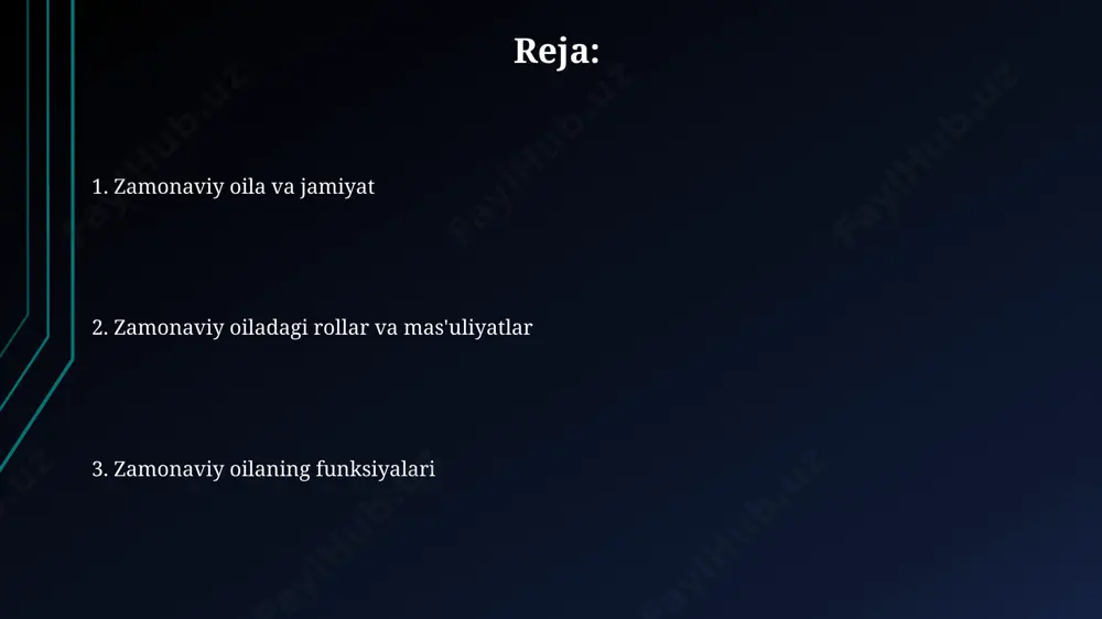 ni (muammolarni hal qilish, hamkorlik, empatiya) shakllantirish vazifasini o'z zimmasiga oladi. o'zbekiston kabi rivojlanayotgan mamlakatlarda, zamonaviy oilalar farzandlarining 5 yoshdan boshlab mustaqil fikrlash qobiliyatini rivojlantirishga, xususan, tanqidiy tafakkur va muammoli vaziyatlarni tahlil qilishga urg'u berishmoqda. zamonaviy oilaning ijtimoiy-siyosiy vazifalari oilaviy ta’limning sifatini yaxshilash orqali, xususan, qishloq joylaridagi 50 ga yaqin maktabgacha ta'lim muassasalarida o'quv dasturlarini modernizatsiya qilish orqali, keyingi avlodning intellektual salohiyatini oshirishga va inson kapitalini rivojlantirishga yordam beradi. zamonaviy oila, 2023-yilgi ma’lumotlarga ko'ra, o'zbekistonda 30% dan ortiq yoshlarning ijtimoiy moslashuviga va 15% gacha bo'lgan jinoyatchilikning oldini olishga hissa qo'shadi, bu esa davlatning ijtimoiy xarajatlarini kamaytiradi. zamonaviy oilaning tarbiyaviy vazifalari oila a’zolarining ijtimoiylashuvi, ya’ni 5 yoshdan 18 yoshgacha bo‘lgan yoshlarning oilaviy qadriyatlar, axloqiy normalar va jamiyat qonunlariga moslashishi oiladagi tarbiya uslublariga bog‘liq bo‘lib, samarqand viloyati misolida kuzatilgan. oiladagi samarali tarbiyaning asosiy omillaridan biri bolaning individual ehtiyojlarini inobatga olgan holda 2-3 ta rivojlanish bosqichiga moslashtirilgan tarbiya usullarini qo‘llashdir, bu esa farg‘ona …