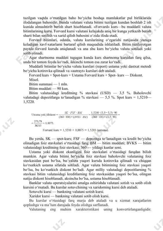 ishni xohlaydiganlar yoʻq). oldi-sotdi bitimlarini amalga oshirishda valuta bozorida quyida- gi valuta kurslarining koʻrinishlaridan foydalaniladi: spot-kurs — bu naqd (kassa) bitimlarning kursidir. spot-kurs — bu bir mam- lakat pul birligining shartnoma tuzilgan vaqtda oʻrnatilgan baho boʻyicha boshqa mamlakatlar pul birliklarida ifodalangan bahosidir. bunda valutani valuta bitimi tuzilgan kundan boshlab 2 ish kunida almashtirib berish shart hisoblanadi. «forvard» kurs—bu mud- datli valuta bitimlarining kursi. forvard kursi valutani kelajakda aniq bir kunga yetkazib berish sharti bilan sotilish va xarid qilish bahosini oʻzida ifoda etadi. · forvard bitimlari, odatda, valuta kurslarining oʻzgarishi natijasida yuzaga keladigan xavf-xatarlarni bartaraf qilish maqsadida ishlatiladi. bitim tuzilayotgan paytda forvard kursda aniqlanadi va ana shu kurs boʻyicha valuta sotiladi yoki sotib olinadi. qonuniy me’yorlarga va amaliyotga mos holda birjada chet el valutasining kursini, qimmatli qogʻozlar kursini yoxud tovarlar bahosining oʻrnatilishi, qisqacha qilib aytganda, valuta kursini oʻrnatish — kotirovkalash deb ataladi. jahon amaliyotida koti- rovkalashning ikki usuli mavjud: toʻgʻri kotirovka. …