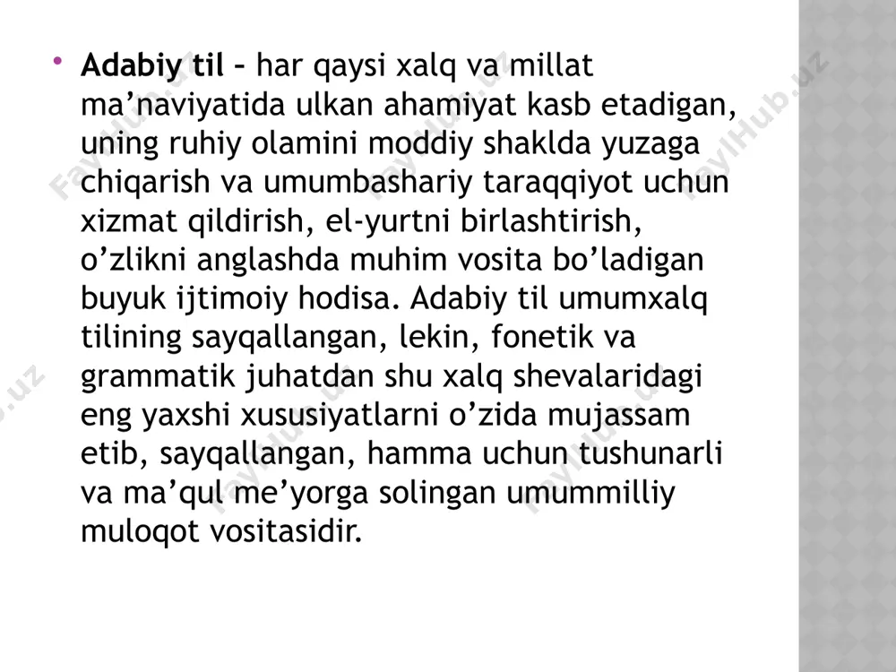 noma, shartnoma, tarjimai hol, e'lon, tavsifnoma, dalolatnoma, hisobot kabilar ham shu uslubda yoziladi. bunday uslubdagi hujjatlar qisqa, aniq, barcha uchun tushunarli qilib tuziladi. bu uslubning asosiy bеlgisi: jumlalarning bir qolipda, bir xil shaklda bo’lishi. bu uslubda ham so’zlar o’z ma'nosida qo’llanadi, ko’pchilikka ma'lum bo’lgan ayrim qisqartma so’zlar ishlatiladi, har bir sohaning o’ziga xos atamalaridan foydalaniladi. rasmiy-idoraviy uslubda ko’pincha darak gaplardan, qaror, buyruq, ko’rsatma kabilarda esa buyruq gaplardan ham foydalaniladi. bu uslubda gap bo’laklarining odatdagi tartibda bo’lishiga rioya qilinadi: o’z lavozimini suiistе'mol qilganligi uchun m.ahmеdovga hayfsan e'lon qilinsin. 4. ommabop (publitsistik) uslub. tashviqot-targ’ibot ishlarni olib borishda qo’llanadigan uslub, ya'ni matbuot uslubi ommabop uslub hisoblanadi. bu uslubda ijtimoiy-siyosiy so’zlar ko’p qo’llanadi. nutq ta'sirchan bo’lishi uchun ta'sirchan so’z va birikmalardan, maqol va hikmatli so’zlardan ham foydalaniladi. bunday uslubda gap bo’laklari odatdagi tartibda bo’ladi, kеsimlar buyruq va xabar maylidagi fе'llar bilan ifodalanadi, darak, his-hayajon va ritorik so’roq gaplardan, yoyiq undalmalardan, takroriy so’z va birikmalardan …