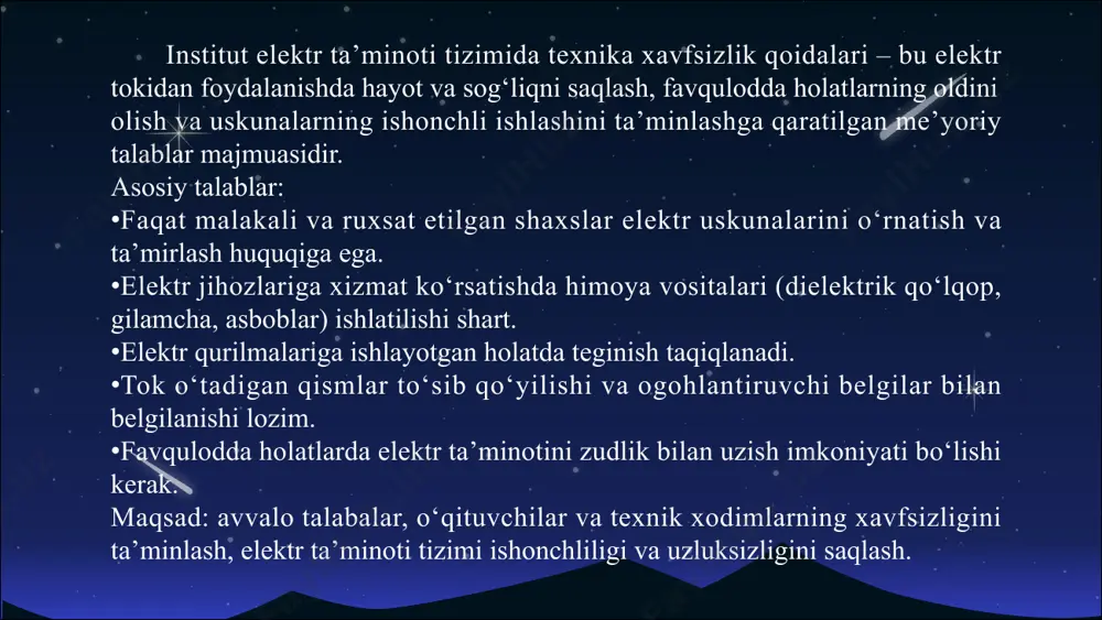 kv taqsimlash punktdan mehmonxona fidri orqali yopiq taqsimlash punkti yani transformator 6/0.4 kvli kuchlanish bilan taminlanadi. ushbu binoda elektr istemoli asosan yoritishga sarf bo`ladi. ushbu binoda bitta sport zali bitta kompyuter xonasi va faollar zali va o`quv xonalari mavjud. tp -407 raqamli quvvati s-250 kva li yopiq holdagi transformator o`rnatilgan. ushbu binoning tepa qismida 200 kva li quyosh panellari o`rnatilgan. quyosh panellarining har birining quvvati 540 w ni tashkil etadi. logistika fakulteti binosining elektr taminoti andijon davlat texnika instituti logistika fakulteti elektr taminoti quyidagicha. logistika fakulteti 4-podstansiya 110/35/6 kv taqsimlash punktdan sanoat qurilish bank fidri orqali yopiq taqsimlash punkti yani transformator 6/0.4 kvli kuchlanish bilan taminlanadi. ushbu binoda elektr istemoli asosan yoritishga sarf bo`ladi. ushbu binoda bitta sport zali bitta kompyuter xonasi va faollar zali va o`quv xonalari mavjud. tp -38 raqamli quvvati s-250 kva li yopiq holdagi transformator o`rnatilgan. ushbu binoning tepa qismida 200 kva li quyosh panellari o`rnatilgan. …