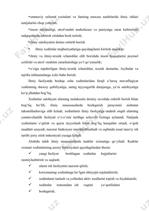 rejalashtiruvchi maslahatchi mutaxassislar soni ortib bormoqda. ilmiy muassasalar faoliyatining o‘ziga xos xususiyatlaridan biri, yaratilgan har qanday kashfiyot xodimning shaxsiy qobiliyati mahsuli bo‘ladi. uning yana bir xususiyatli tomoni shundaki, ilmiy faoliyat bugungi kunda jamoaviy harakter kasb yetib bormoqda. shunday yekan kadrlar xizmati xodimlarining asosiy vazifasi ularni bir maqsadga yo‘naltirish. tashkilotchi, yo‘lboshchini tanlash va rahbarlik usulini aniqlashdan iborat. ilmiy tekshirish uchastkalari va tajriba bazalarini rivojlanishi texnik xodimlarga bo‘lgan ehtiyojni oshiradi. bu kategoriya xodimlarini boshqarish ilmiy xodimlarni boshqarish usulidan tubdan farq qiladi. ularni boshqarishda sanoat ishlab chiqarish xodimlarini boshqarish usullarilan foydalanish qo‘l keladi. xodimlarni undash fan-texnika taraqqiyoti qanchalik rivojlanib borishi bilan xodimlarni boshqarish jarayoni murakkablashib bormoqda. xodimning faoliyat natijasi uning xohishi va imkoniyatiga bog‘liq bo‘lib, ularning malakasi bilan belgilanadi. bu sharoitda har bir xodim o‘zining xatti-harakatini to‘g‘ri baholashi va tartibga solishi lozim. shaxslarni samarali faoliyatga undash va ularning malakasi xodimlarni boshqarishning asosiy va markaziy muammosi bo‘lib qolmoqda. shu sababli xodimlarning o‘z imkoniyatlarini to‘la …