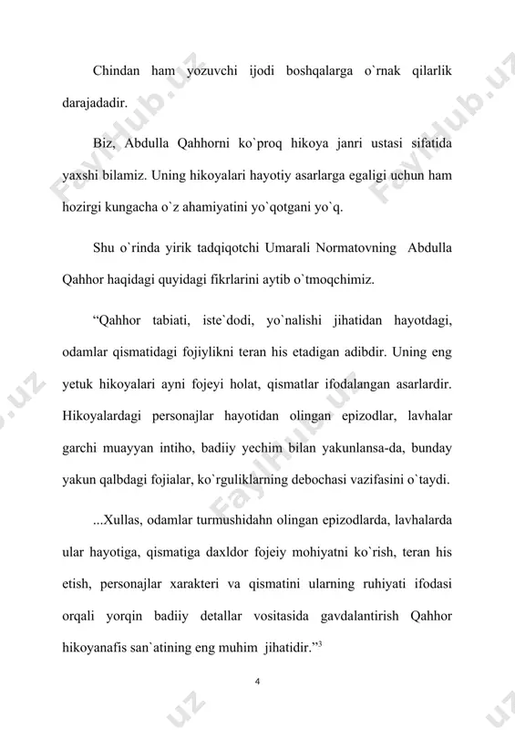 i. his – hayajonlarini, aytmoqchi bo`lgan gaplari ko`nglidan sharsharadek shitob bilan otilib chiqsa kerak, ularni qog`ozga tushurishda qo`li shoshib qolarov deyman.” 6 4. u. normatov “qahhorni anglash mahorati”(15-bet) 5. u. normatov “qahhorni anglash mahorati” (24-bet) 6. u. normatov “qahhorni anglash mahorati” (38-bet) yozuvchi aytganidek, shoir ijodi betakror va zamonlar dramasini yaratishdek qudratga ega! bundan tashqari, yozuvchining qator asarlari munaqqidlar tomonidan tahlil qilingan. umarali normatovning “dahshat” to`g`risida “sharq yulduzi” da bosilgan maqolasini o`qigan yozuvchi “hikoyaning lahm joylarini sixga tortganday tizib chiqqani, “dahshat” qahramoni bilan “o`g`ri”, “bemor”, “anor” hikoyalari personajlari orasidagi farqni ham to`g`ri topganlarini aytadi. “nurli cho`qqilar” to`g`risida esa: “maqtovni oshirib yuboribsan, hikoyani nurli cho`qqiga chiqarib qo`yibsan” deya dakki beradi. abdulla qahhor ijodi chindan ham nurli cho`qqilarga munosib! yozuvchi, “o`tmishdan ertaklar” universitet studentlari davrasida muhokama etilganda, notiqlardan biri asarning oxirgi qismlari, xususan, “qo`qon xarobalari orasida” bobi bir oz bo`sh yozilgani, tasvir sur’ati juda tezlashib ketgani, bu yerda avvalgi boblarga xos jonli, …