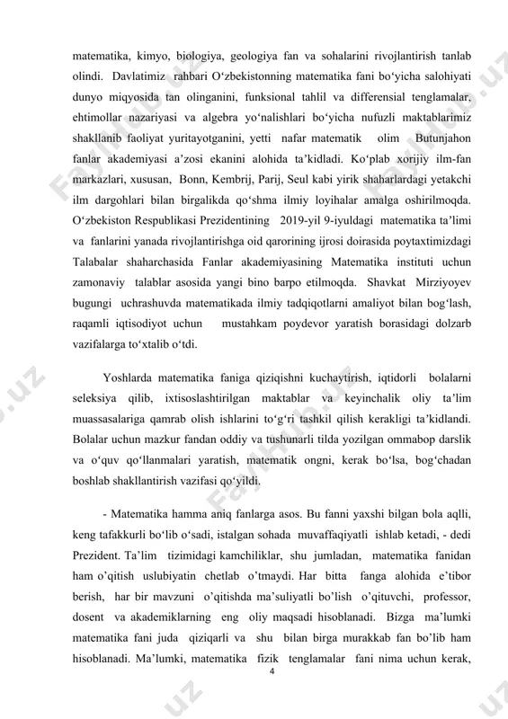 nazariy bilimlarni amaliyotda masala va misollarda tadbiq qilib va uning natijalarini taxlil qilish va tegishli xulosalar chiqarish zarur demakdir. kurs ishining tuzilishi. kurs ishi tuzilishiga ko`ra rejasi asosan 4 ga bo`linadi; 1-kirish; 2-asosiy qism (2ta reja dan iborat); 3- xulosa; 4- foydalanilgan adabiyotlar ro`yxati, hamda ilovadan iborat bo`ldi. davlat taraqqiy topishi uchun avvalombor ilm fan borasida ko`plab yutuqlarga erishmoq demakdir. o’zbekiston respublikasining mustaqilligini mustahkamlash yo’lida yosh avlodni chuqur bilimli, kelajakda yetuk kadrlar qilib yetishtirish uchun hozirgi kunda alohida e’tibor berilmoqda. iqtidorli o’quvchilar bilan ishlash, ularning iqtidorini ro’yobga chiqarish va ularga zamonaviy ilmlarni berish hozirgi kunning asosiy vazifalaridan biridir. shuning uchun faqat maktab dasturi bilan cheklanmasdan, o’quvchilarning matematik bilim va tafakkurini chuqurlashtirish, fikrlash doirasini kengaytirish, tasavvur qilish qobiliyatini o’stirish maqsadi mazkur kurs ishida mujassamlashtirildi. hozirgi kunda ta’lim sohasida o’zgarishlar yuz bermoqda, ayniqsa, talabalarga bilimlarni chuqur o’rgatish hamda ularni ko’proq mustaqil ishlashga o’rgatish ta’lim tizimining dolzarb vazifalaridan biridir. biz farzandlarimizning nafaqat jismoniy …