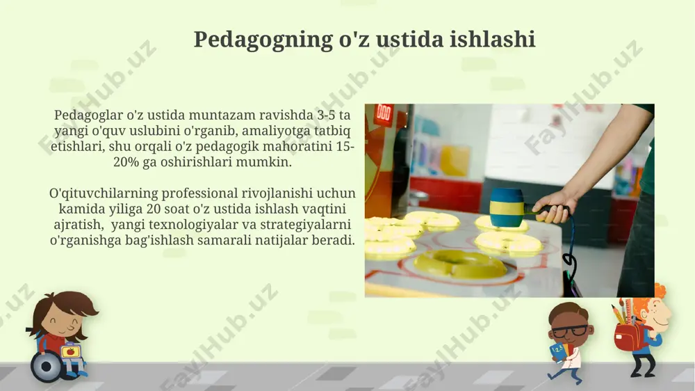 larni taqqoslash vazifasini berish, mustaqil tahlil qilish va xulosa chiqarish ko'nikmalarini rivojlantiradi. axborot-kommunikatsiya texnologiyalaridan foydalanish axborot-kommunikatsiya texnologiyalari (akt) o'quv jarayoniga 30% gacha samaradorlikni oshirishi va o'quvchilarning 70% gacha faol ishtirokini ta'minlashi mumkin, bu esa interaktiv darslarni tashkil etish orqali amalga oshiriladi. virtual va kengaytirilgan haqiqat texnologiyalaridan (vr/ar) foydalanish o'quv jarayonini 2-3 baravar jonli va qiziqarli qilib, o'quvchilarning bilim olishga bo'lgan qiziqishini oshiradi va murakkab tushunchalarni osonroq o'zlashtirishga yordam beradi. loyiha usulida o'qitish o'quvchilarda muammo hal qilish, tanqidiy fikrlash va hamkorlikda ishlash kabi 21-asr ko'nikmalarini rivojlantirishda loyiha usuli muhim rol o'ynaydi. loyiha usuli orqali o'qitishda baholash mezonlari aniq belgilanishi va o'quvchilarning loyihalarini 3 bosqichda (rejalashtirish, amalga oshirish, taqdimot) baholanishi kerak. baholashning innovatsion usullari portfolio baholash usuli yordamida o‘quvchilarning 10 ta loyiha va taqdimotlarini to‘plash va ularning rivojlanishini kuzatish imkoniyatini beradi, bu esa shaxsiylashtirilgan o‘qitishga yordam beradi. o‘z-o‘zini baholash va tengdosh baholash texnikalarini joriy qilish orqali o‘quvchilarning javobgarligini 30% ga oshirib, mustaqil …