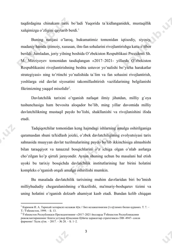 hilik institutlarining har birini holatini kompleks o’rganish orqali amalga oshirilishi mumkin. bu masalada davlatchilik tarixining muhim davrlaridan biri bo’lmish milliyhududiy chegaralanishning o’tkazilishi, ma'muriy-boshqaruv tizimi va uning holatini o’rganish dolzarb ahamiyat kasb etadi. bundan kelib chiqqan holda,o’zbekiston tarixchilari bir qator ishlarni amalga oshirmoqdalar. biroq, uch ming yillik tarixga ega o’zbek davlatchiligi tarixini tiklash, uning turli bosqichlari, yuksalishi va inqirozini o’rganish muammoni yanada chuqurroq tadqiq etish masalasini kun tartibiga qo’yadi. turkiston o’lkasini rossiya imperiyasi tomonidan istilo etilishi, mustamlaka tizimini shaklantirilishi o’lka xalqlari uchun tamomila yangicha davlatning ichki munosabatlarini belgilovchi omillardan biri bo’ldi. chunki, uning samaradorligi rossiya imperiyasining faoliyati hamda uning jamiyat bilan o’zaro munosabatlarining oshishiga bevosita ta'sir ko’rsatar edi. ma'muriy-boshqaruv tizimning normal faoliyati davlat tomonidan boshqaruv, soliq yig`ish, fuqarolarni ijtimoiy himoya qilish, ommaviy ishlarni tashkillashtirish, harbiy majburiyat va shunga o’xshash vazifa va burchlarni o’z vaqtida bajarilishi ta'minlagan. aynan shuning uchun bu aspektni holatini o’rganish biz uchun u yoki bu bosqichda davlatchilik darajasiga …