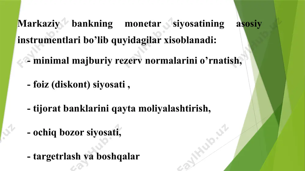 iy kengashi tomonidan 1991 yil 15 fevralda qabul qilingan «banklar va bank faoliyati to‘g‘risida»gi qonun asosida faoliyat ko‘rsatgan. so‘ngra 1991 yil 30 sentyabrda konstitutsiyaga o‘zgartirishlar kiritilgach, o‘zbekiston ssr davlat banki o‘zbekiston respublikasi davlat banki deb, 1992 yil 2 iyulda esa o‘zbekiston respublikasi markaziy banki deb nomlangan. markaziy bankning 4 ta asosiy vazifasi bor. mamlakatning emission markazi, ya'ni banknotlar chiqarishning monopol huquqiga ega; banklar banki, ya'ni kompaniya va muassasalar bilan emas, balki asosan ushbu mamlakat banklari bilan operatsiyalarni amalga oshirishi: milliy kredit tizimini zarur standartlash va professionallik darajasini saqlagan holda ularning kassa zaxiralarini qonun bilan belgilangan miqdorda saqlash, ularga kredit berish (oxirgi kreditor instansiyasi), nazorat qilish. mamlakatning asosiy hisob-kitob markazi. bu degani, boshqa banklar o‘rtasida o‘zaro talablari va majburiyatlarining hisob-kitobi (kliring) asosida naqd pulsiz operatsiyalarini amalga oshirishda vositachi vazifasini bajaradi; monetar siyosati orqali iqtisodiyotni tartibga soluvchi o’rgan. 1. tartibga solish funksiyasi - pul muomalasini tartibga solishdir. bunga naqd va naqdsiz pul …